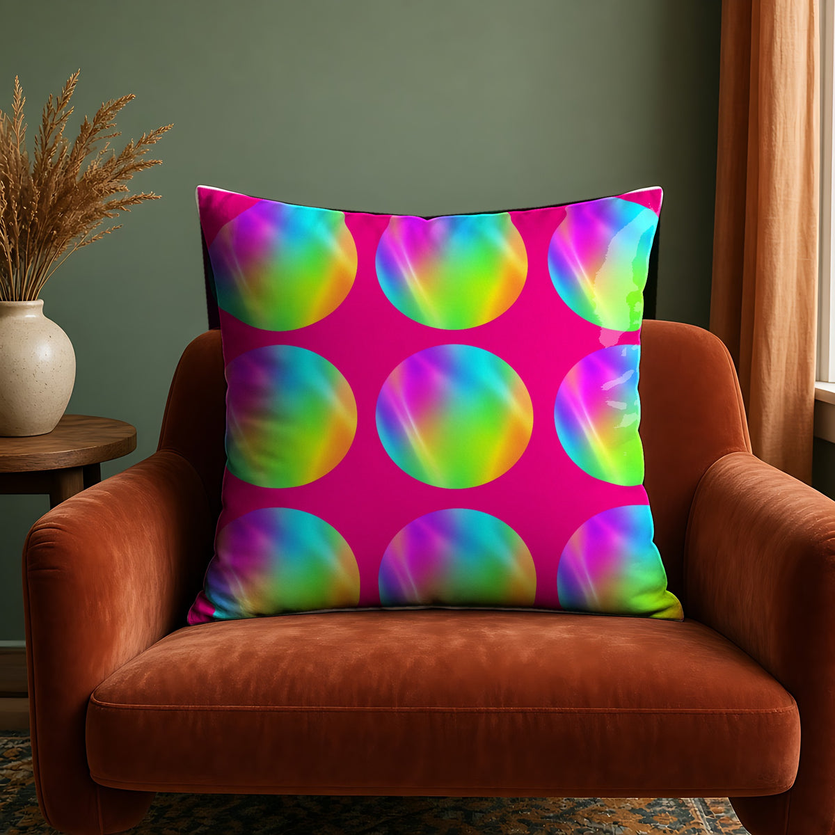 Holo Circle Quartet in Holographic Prism palette on a cushion, example use of Holographic Prism & Opal Flux Seamless Pattern Prompt Pack