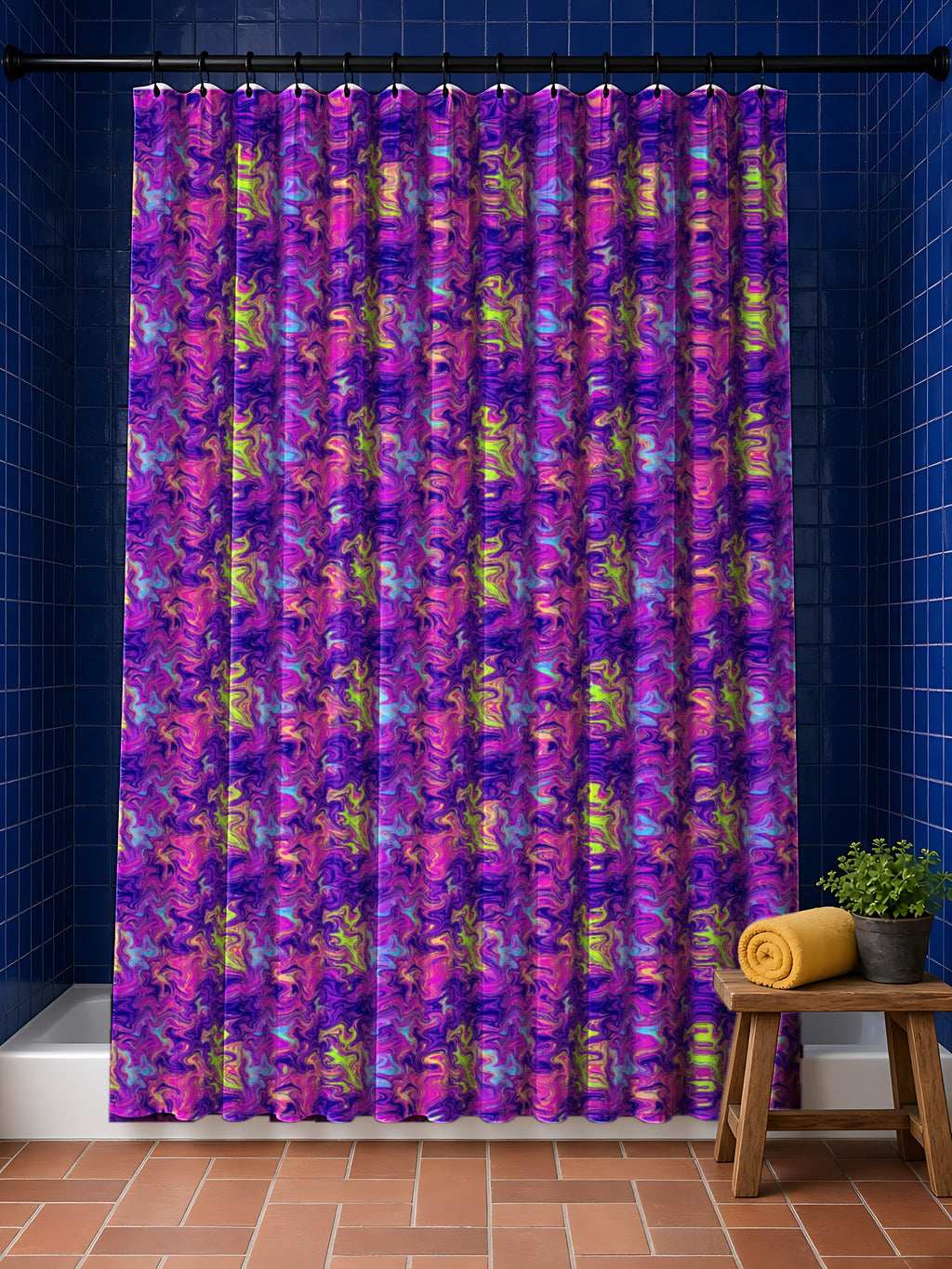 Neon Acrylic Pour in Opal Flux palette on a shower curtain, example use of Holographic Prism & Opal Flux Seamless Pattern Prompt Pack
