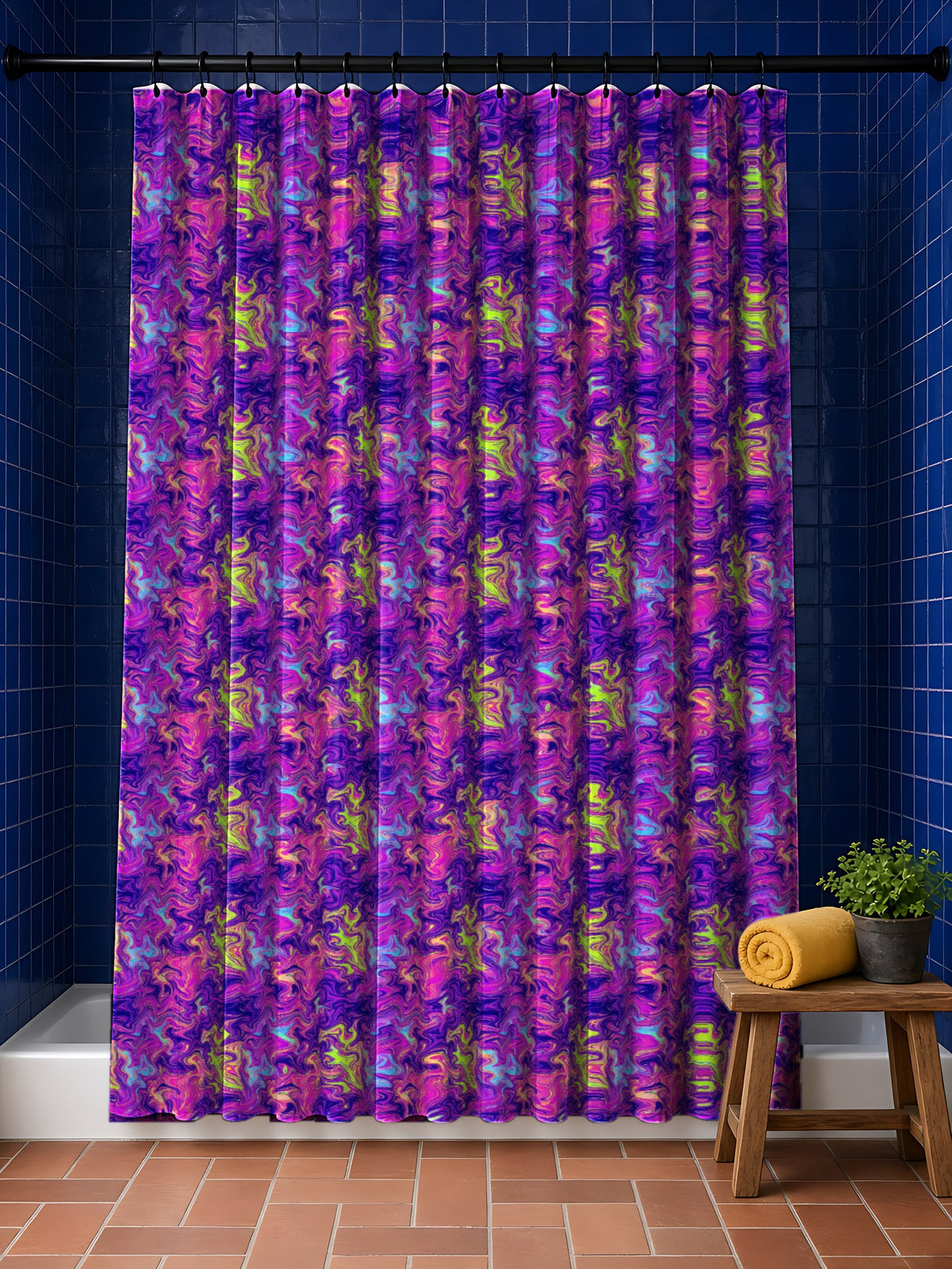 Neon Acrylic Pour in Opal Flux palette on a shower curtain, example use of Holographic Prism & Opal Flux Seamless Pattern Prompt Pack