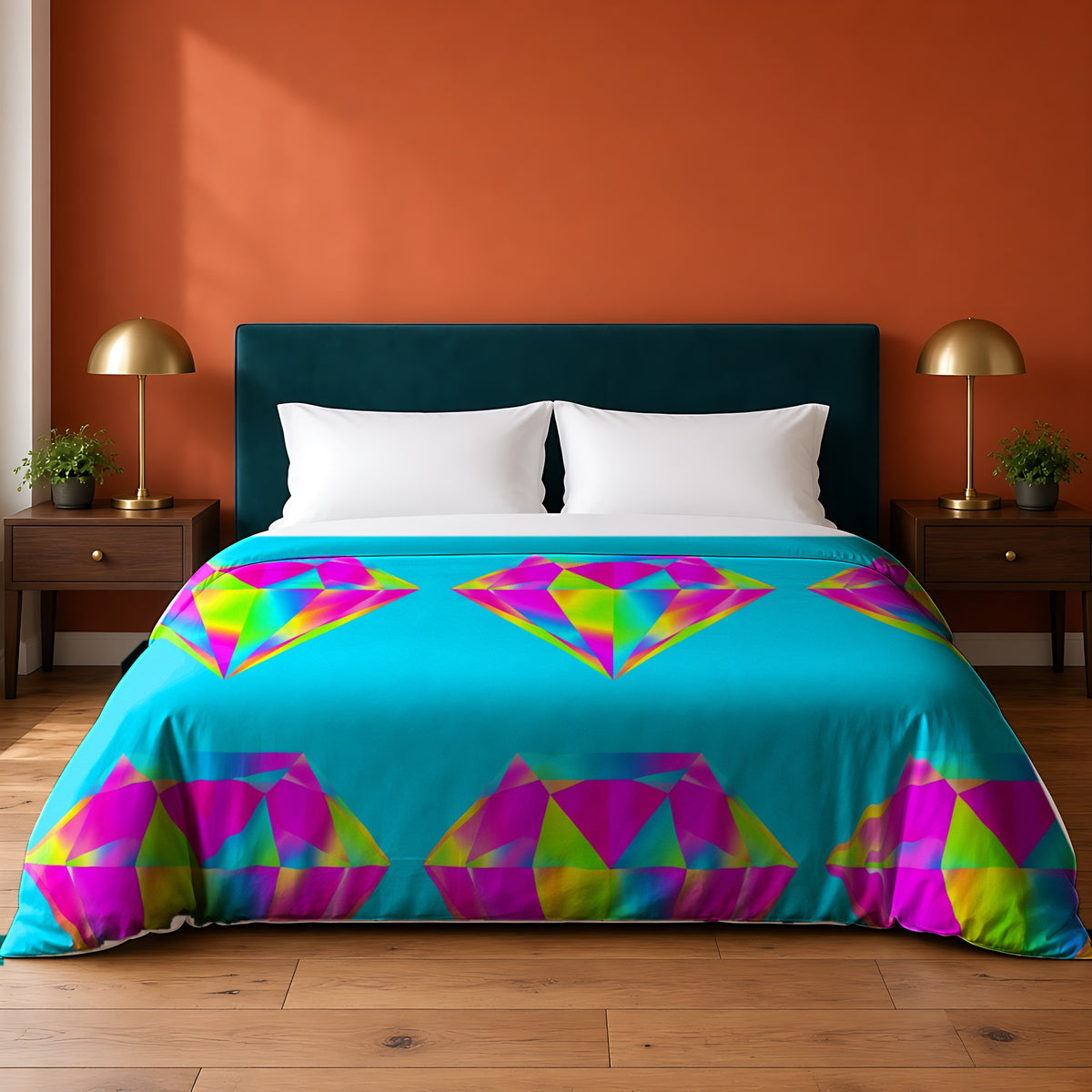 Holo Diamond Quartet in Cyan Holo palette on a duvet cover, example use of Holographic Prism & Opal Flux Seamless Pattern Prompt Pack
