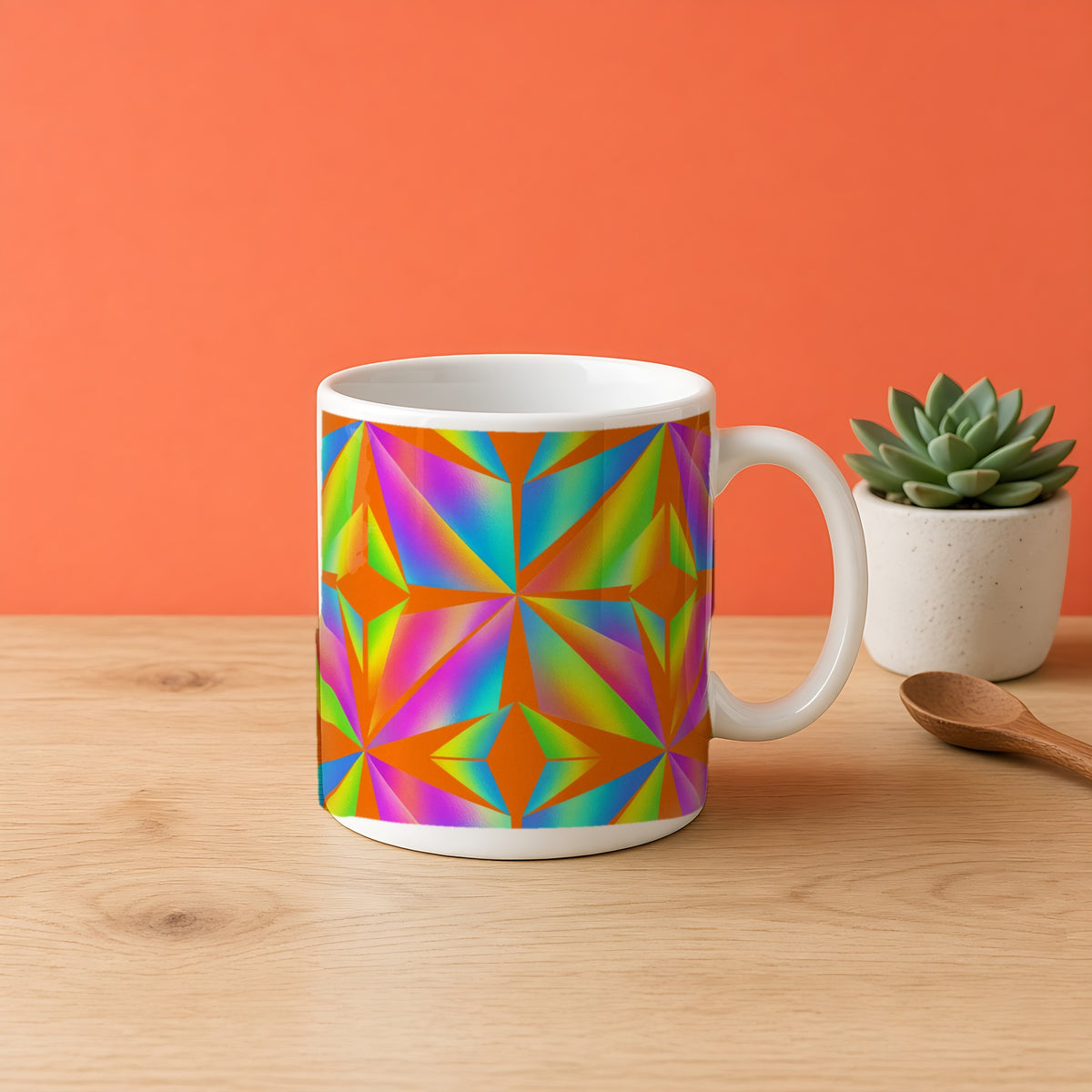 Prism Sunray Blocks in Tangerine Flare palette on a mug, example use of Holographic Prism & Opal Flux Seamless Pattern Prompt Pack