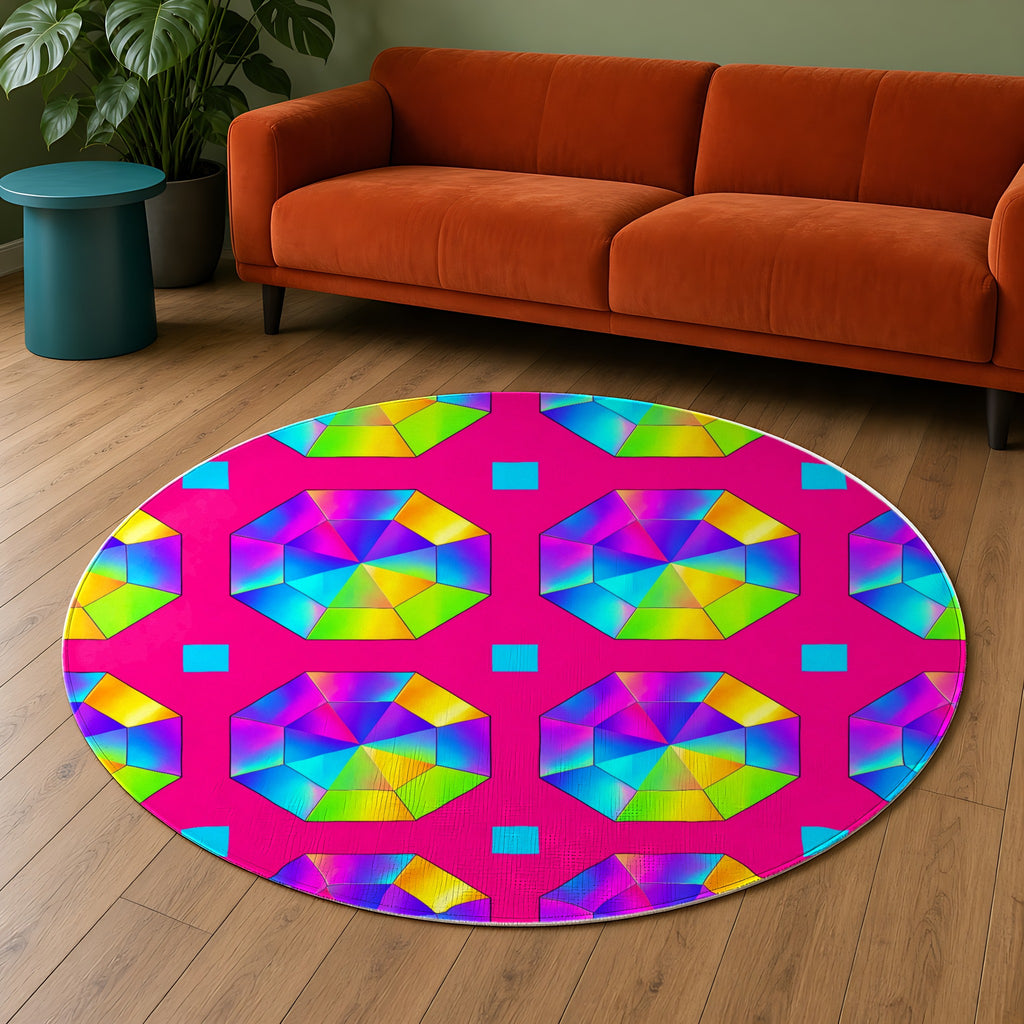 Iridescent Octagon Gems in Magenta Opal palette on a rug, example use of Holographic Prism & Opal Flux Seamless Pattern Prompt Pack
