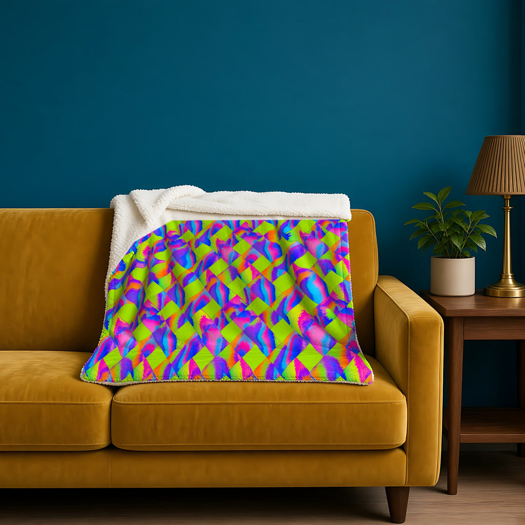 Holo Rhombus Weave in Lime Prism palette on a blanket, example use of Holographic Prism & Opal Flux Seamless Pattern Prompt Pack