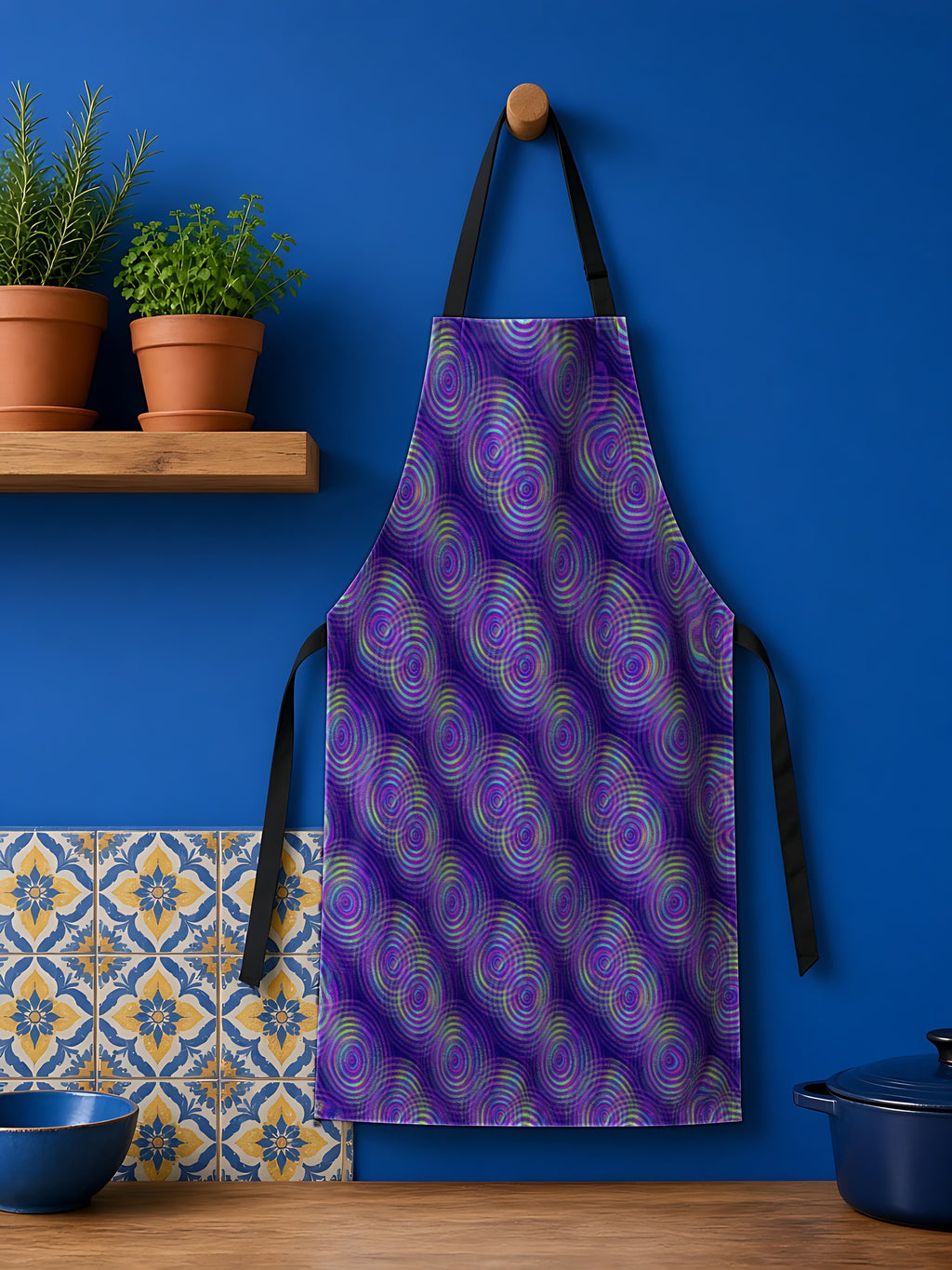 Holo Ripple Rings in Opal Flux palette on an apron, example use of Holographic Prism & Opal Flux Seamless Pattern Prompt Pack