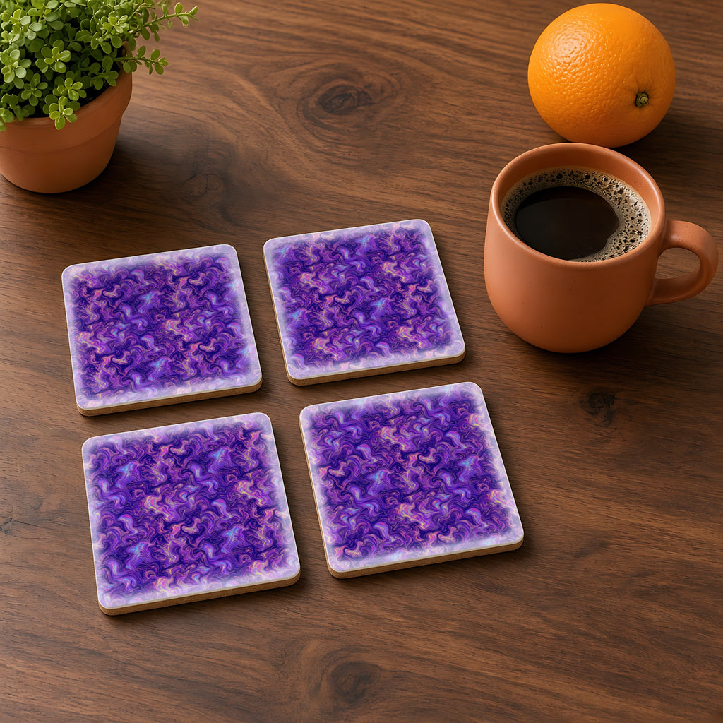 Ultraviolet Marble Swirl in Opal Flux palette on a coaster, example use of Holographic Prism & Opal Flux Seamless Pattern Prompt Pack