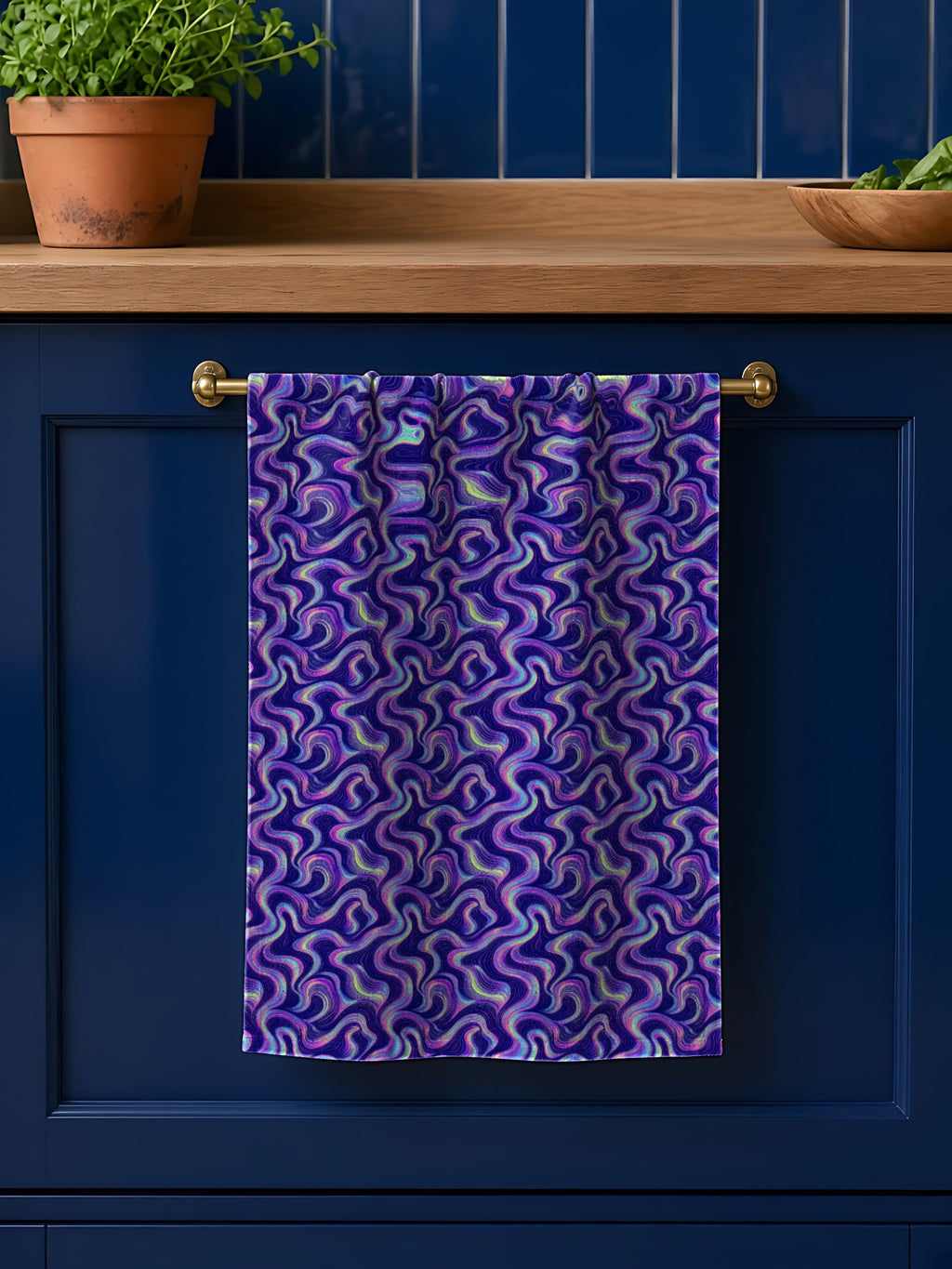 Opal Ribbon Flow in Opal Flux palette on a tea towel, example use of Holographic Prism & Opal Flux Seamless Pattern Prompt Pack