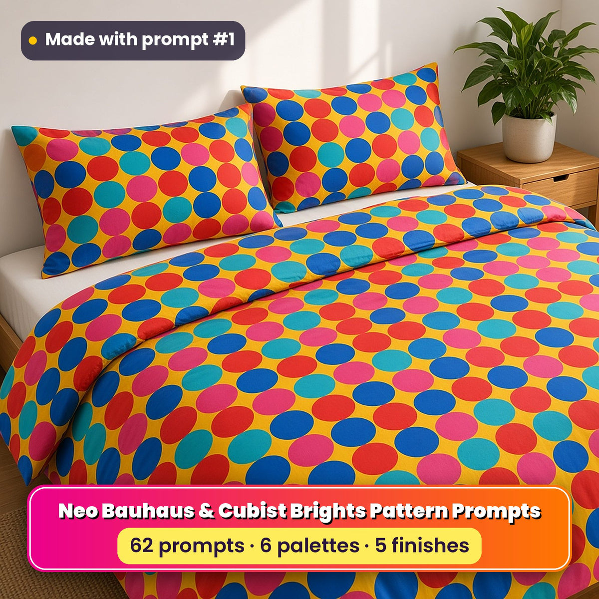Neo Bauhaus & Cubist Brights Seamless Pattern Prompt Pack title image: a double bed in a duvet cover and pillowcases printed with red, cobalt, turquoise and pink circles in mustard square blocks, made with prompt #1