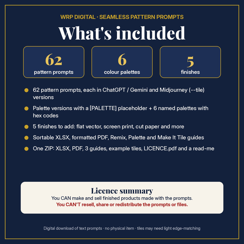 What's included: 62 seamless pattern prompts in ChatGPT / Gemini and Midjourney versions, 6 palettes, 5 finishes, XLSX and PDF, Remix, Palette and Make It Tile guides, ZIP and licence