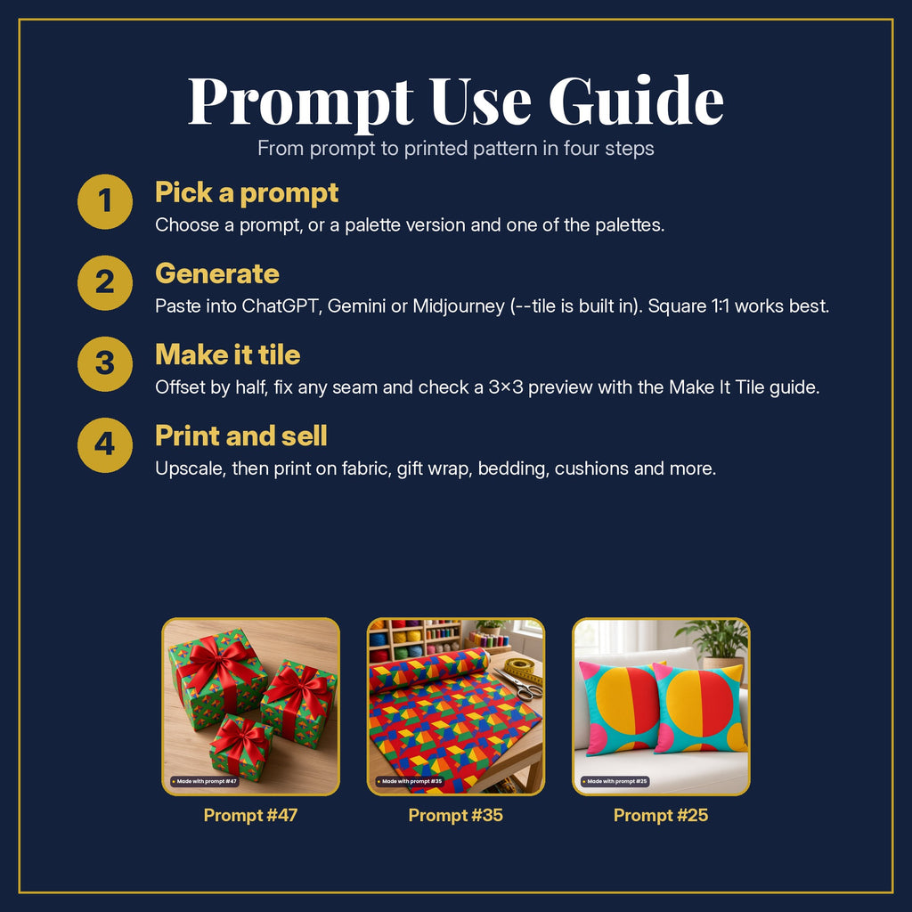 Prompt Use Guide in four steps: pick a prompt, generate, make it tile, print and sell, with example products made with prompt #47, prompt #35, prompt #25