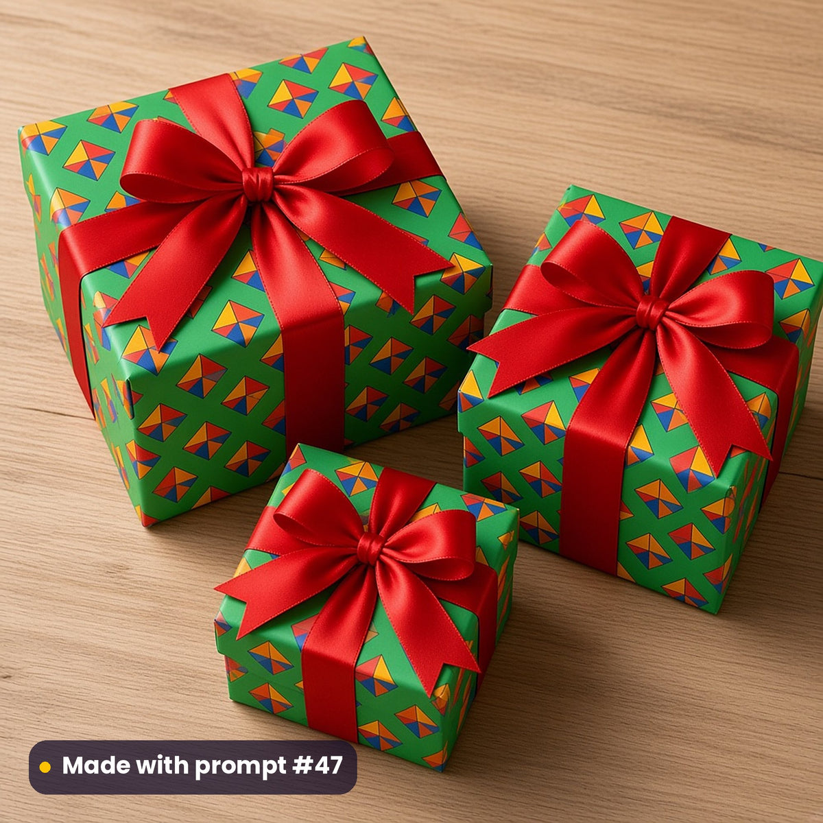 Three presents wrapped in green paper printed with cubist kite quartets in red, yellow and blue, tied with red bows, made with prompt #47