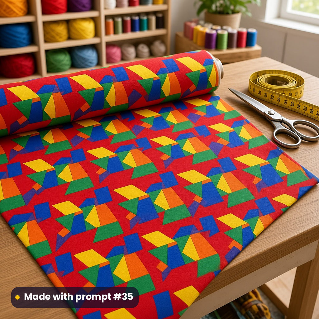 A roll of cotton fabric printed with a red, green, yellow and blue cubist block quilt, beside scissors and thread, made with prompt #35