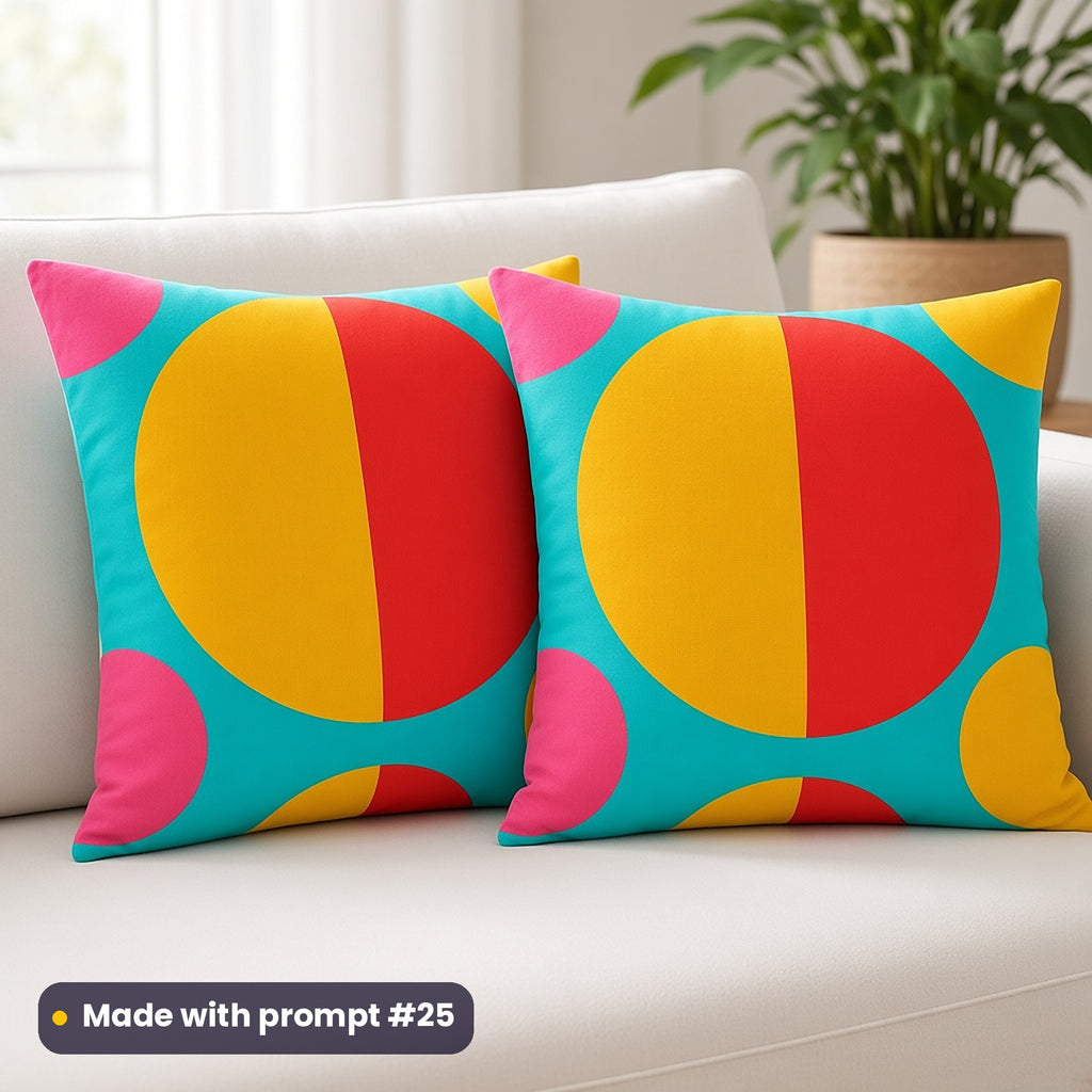 Two turquoise cushions on a white sofa printed with large red, mustard and pink split circles, made with prompt #25