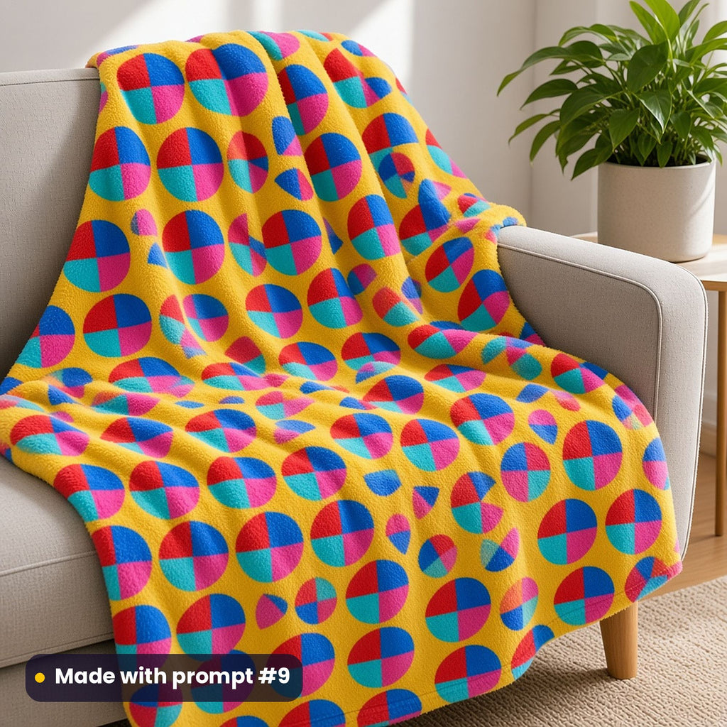 A fleece blanket over an armchair printed with colourful wedge wheels on mustard, made with prompt #9
