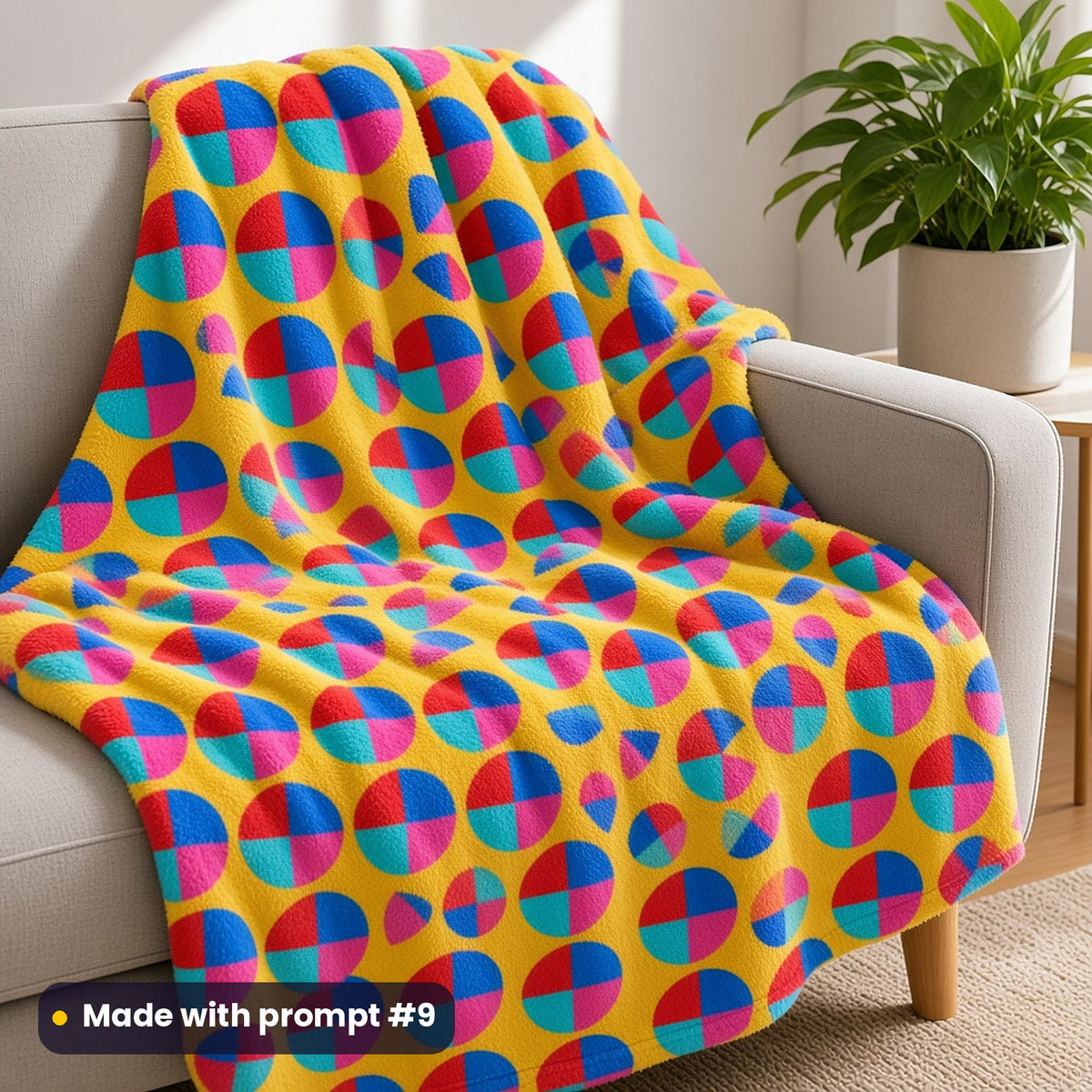 A fleece blanket over an armchair printed with colourful wedge wheels on mustard, made with prompt #9