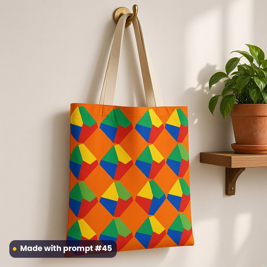 A tote bag on a brass hook printed with fractured rhombus blocks in orange, green, yellow, red and blue, made with prompt #45