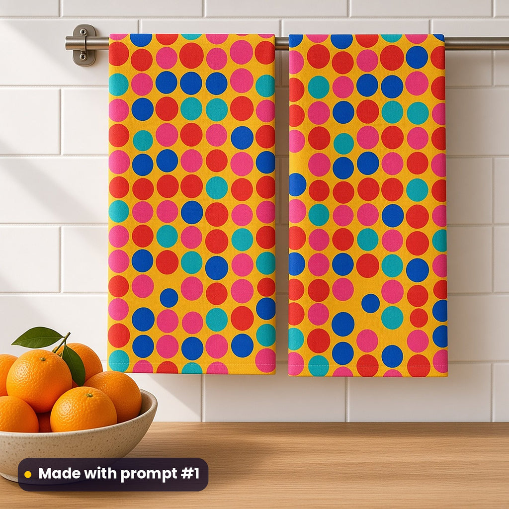 Tea towels printed with red, cobalt, turquoise and pink circles in mustard square blocks, beside a bowl of oranges, made with prompt #1