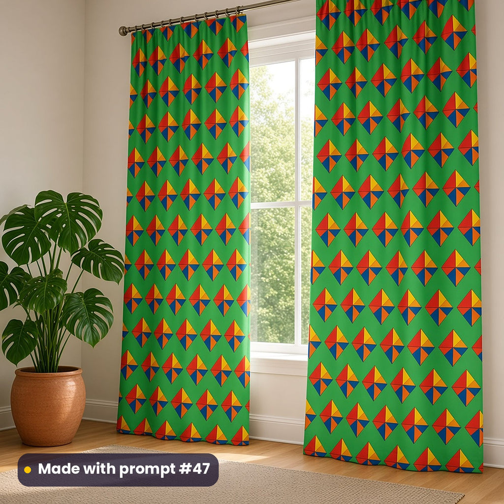 Full-length curtains printed with cubist kite quartets in red, yellow and blue on green, beside a potted plant, made with prompt #47