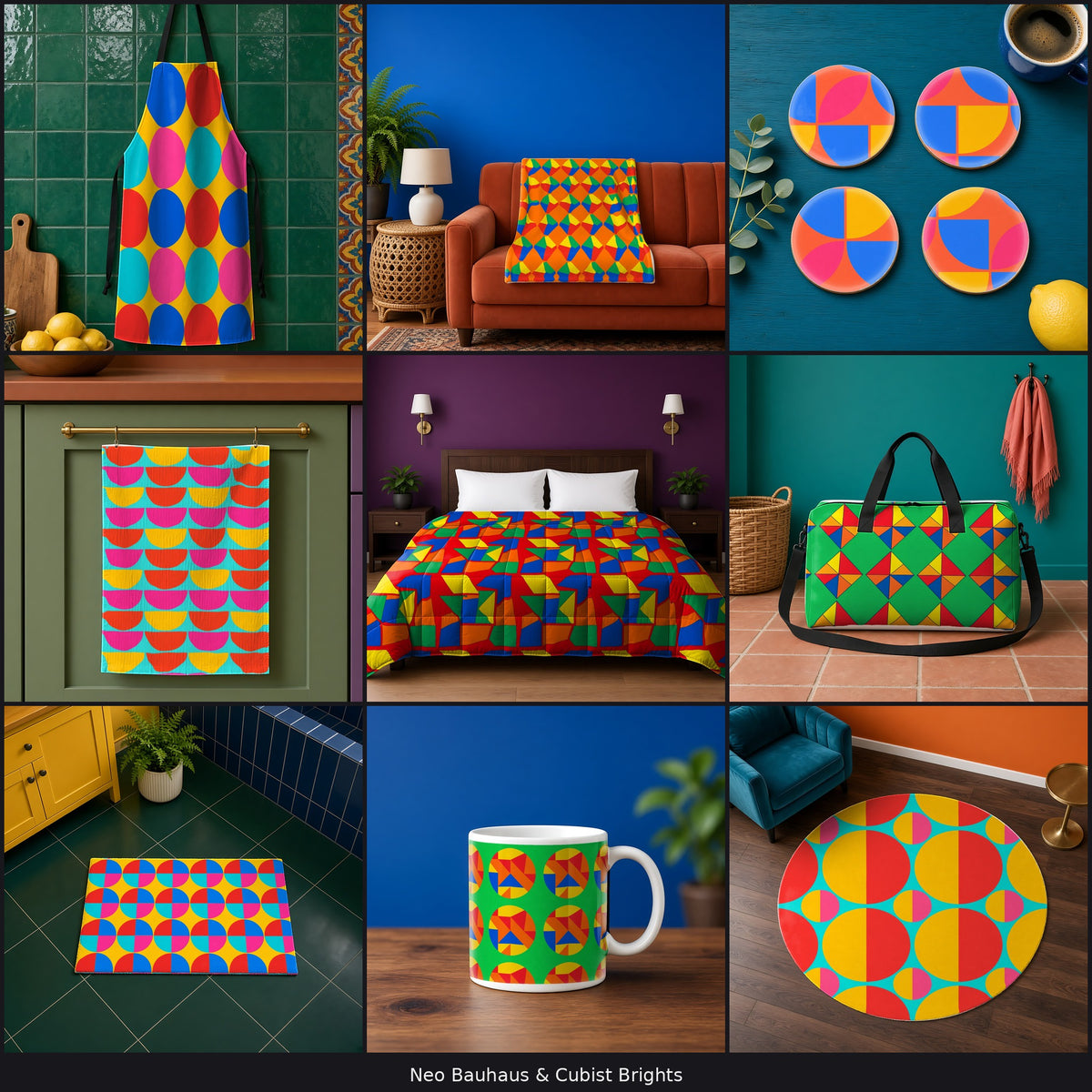 Variety collage of 9 patterns in different palettes on a apron, blanket, coaster, tea towel, comforter, tote bag, bath mat, mug and rug, example use of Neo Bauhaus & Cubist Brights Seamless Pattern Prompt Pack