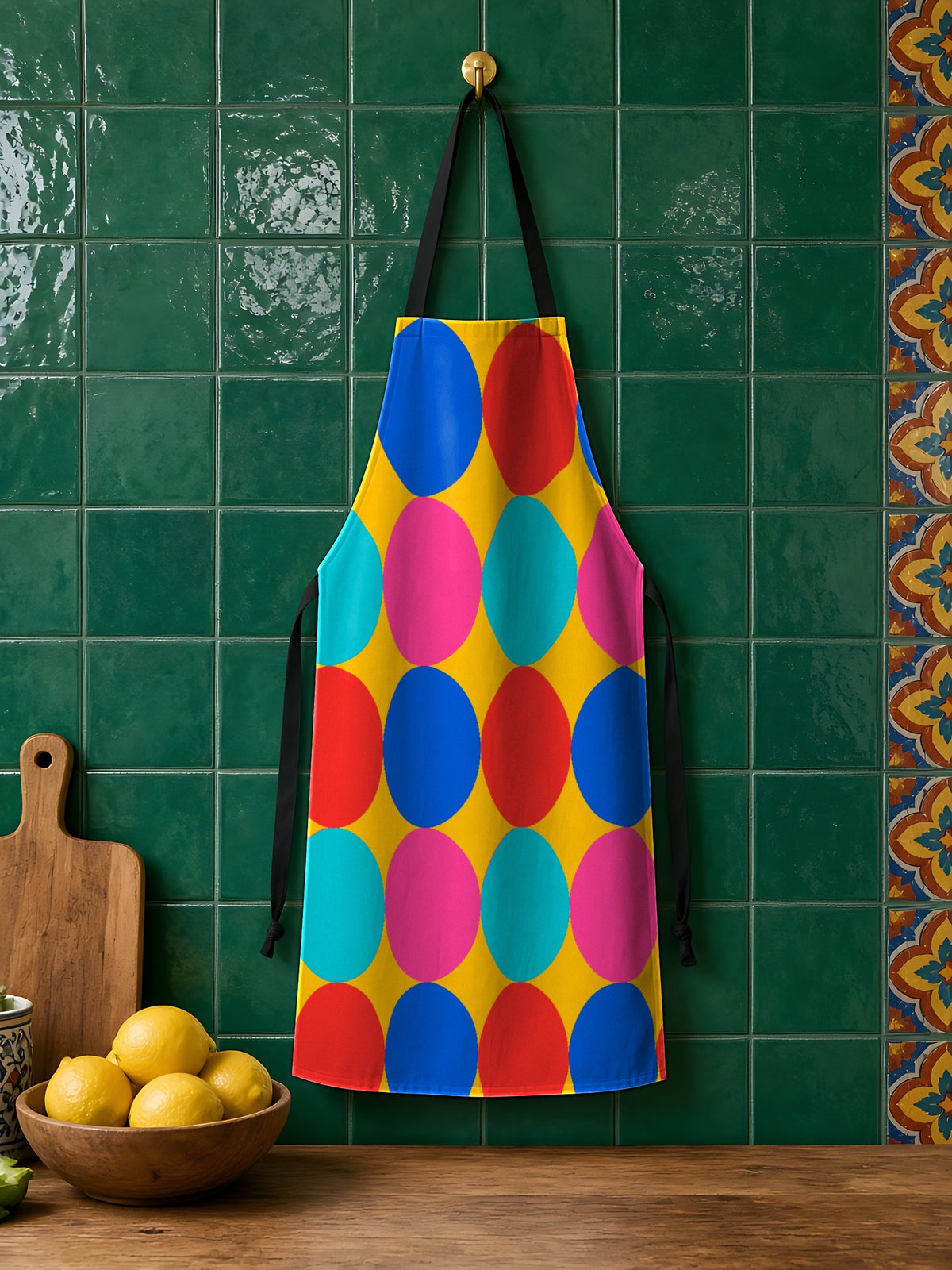 Big Circle and Square Blocks in Neo Bauhaus Brights palette on an apron, example use of Neo Bauhaus & Cubist Brights Seamless Pattern Prompt Pack