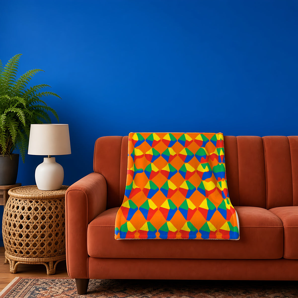 Grand Fractured Rhombus in Cubist Carnival palette on a blanket, example use of Neo Bauhaus & Cubist Brights Seamless Pattern Prompt Pack