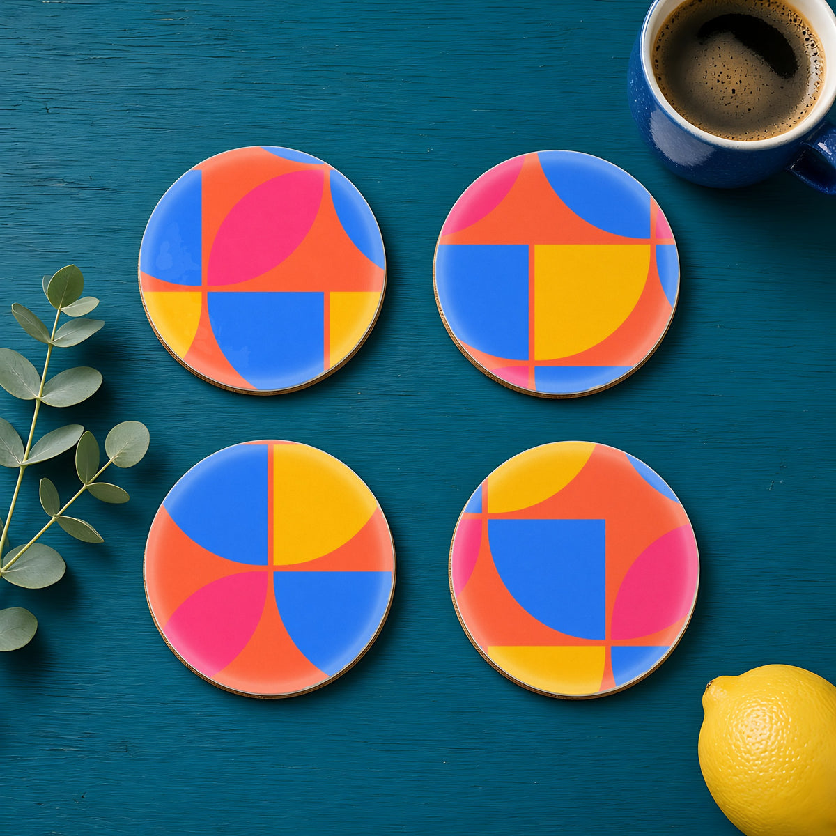 Quarter Circle Quilt in Cobalt Block palette on a coaster, example use of Neo Bauhaus & Cubist Brights Seamless Pattern Prompt Pack