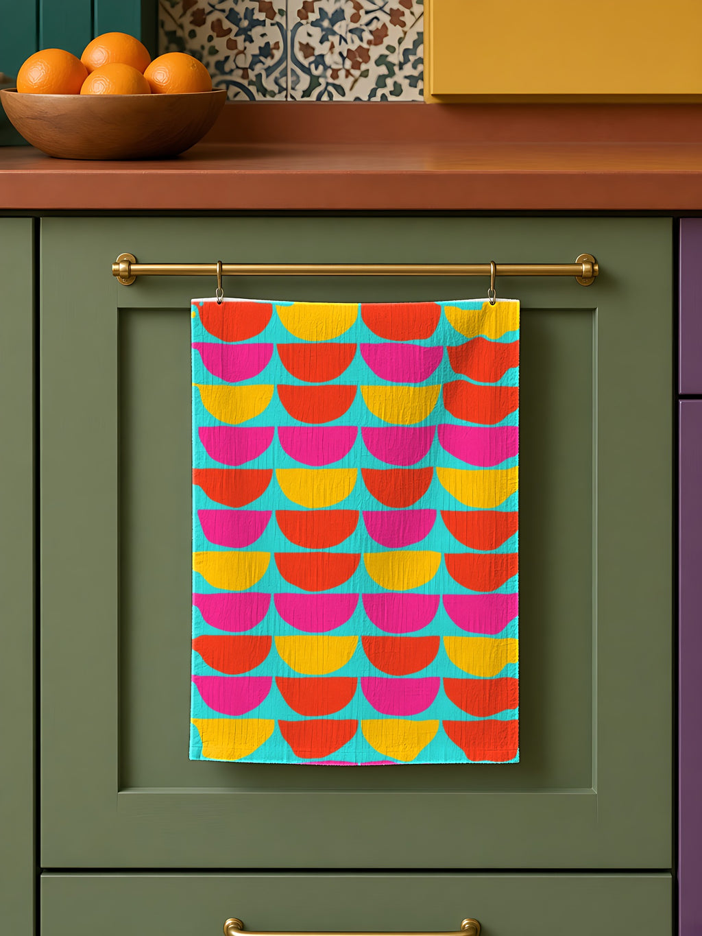 Giant Semicircle Rows in Turquoise Pop palette on a tea towel, example use of Neo Bauhaus & Cubist Brights Seamless Pattern Prompt Pack