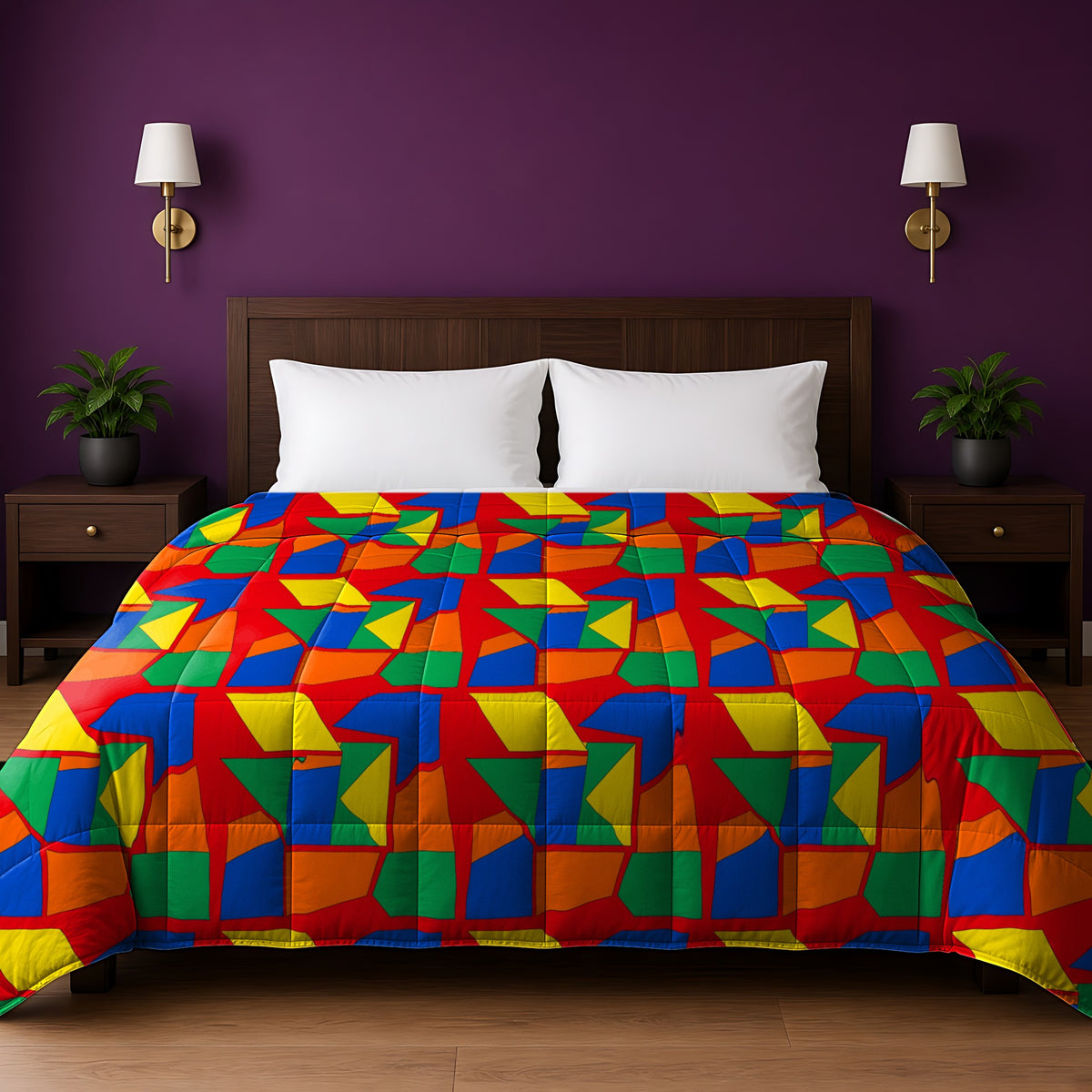 Cubist Block Quilt in Tomato Fiesta palette on a comforter, example use of Neo Bauhaus & Cubist Brights Seamless Pattern Prompt Pack