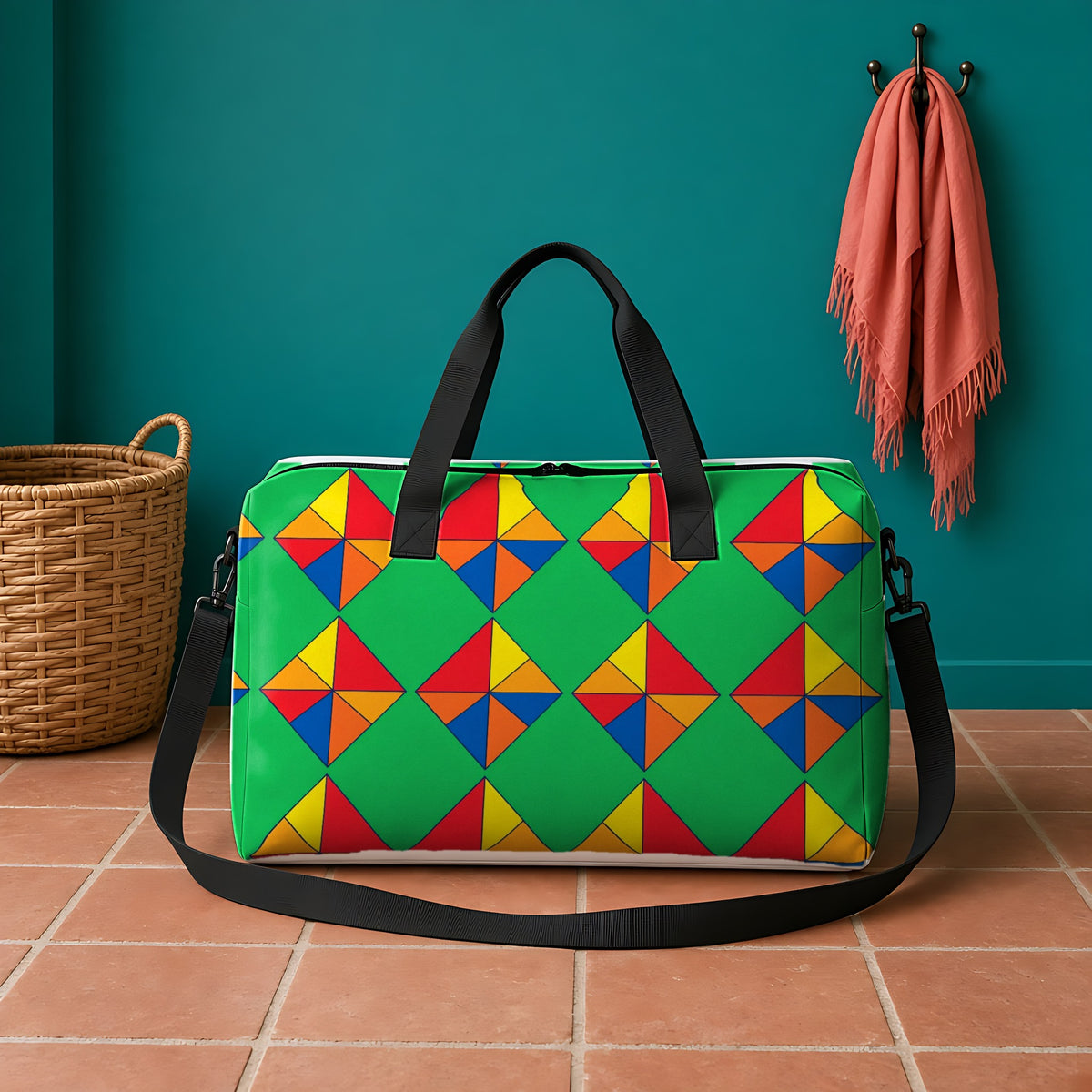 Cubist Kite Quartet in Kelly Carnival palette on a tote bag, example use of Neo Bauhaus & Cubist Brights Seamless Pattern Prompt Pack
