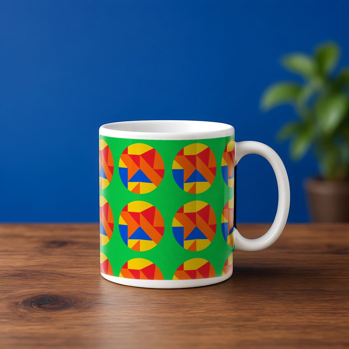 Broken Circle Planes in Kelly Carnival palette on a mug, example use of Neo Bauhaus & Cubist Brights Seamless Pattern Prompt Pack