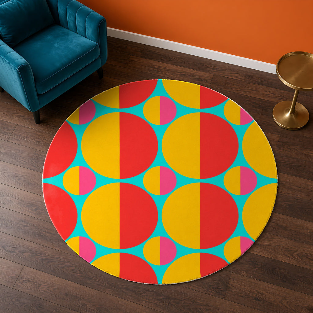 Split Circle Blocks in Neo Bauhaus Brights palette on a rug, example use of Neo Bauhaus & Cubist Brights Seamless Pattern Prompt Pack