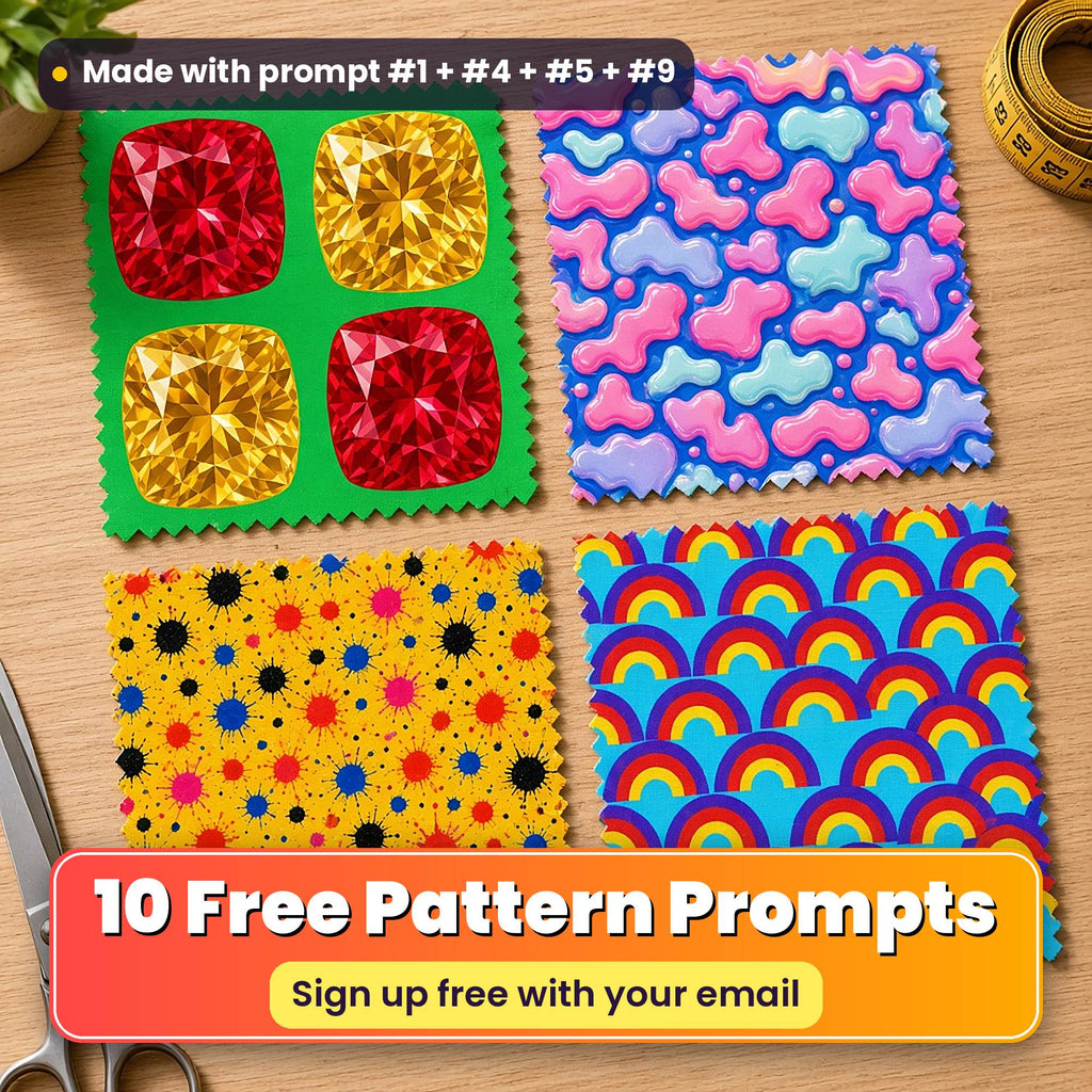 Free Seamless Pattern Prompt Sample title image: four fabric swatches printed with ruby and gold gems on green, pastel lava blobs, saffron ink splats and rainbow scallops, made with prompt #1 + #4 + #5 + #9