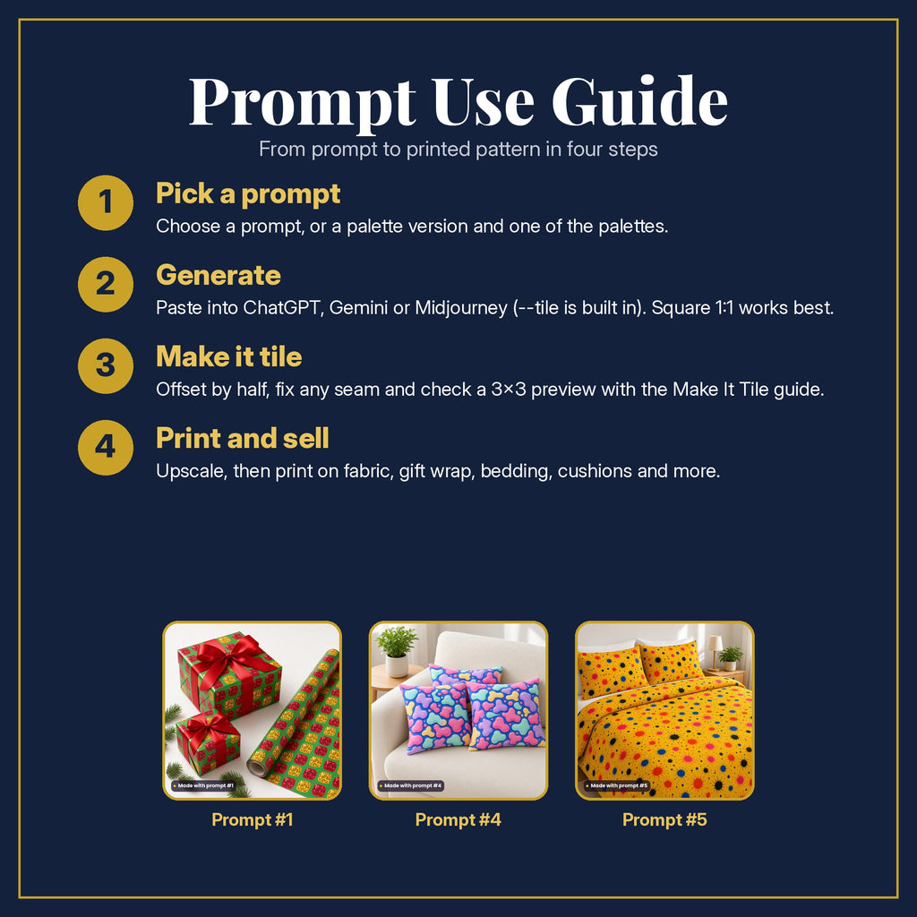 Prompt Use Guide in four steps: pick a prompt, generate, make it tile, print and sell, with example products made with prompt #1, prompt #4, prompt #5