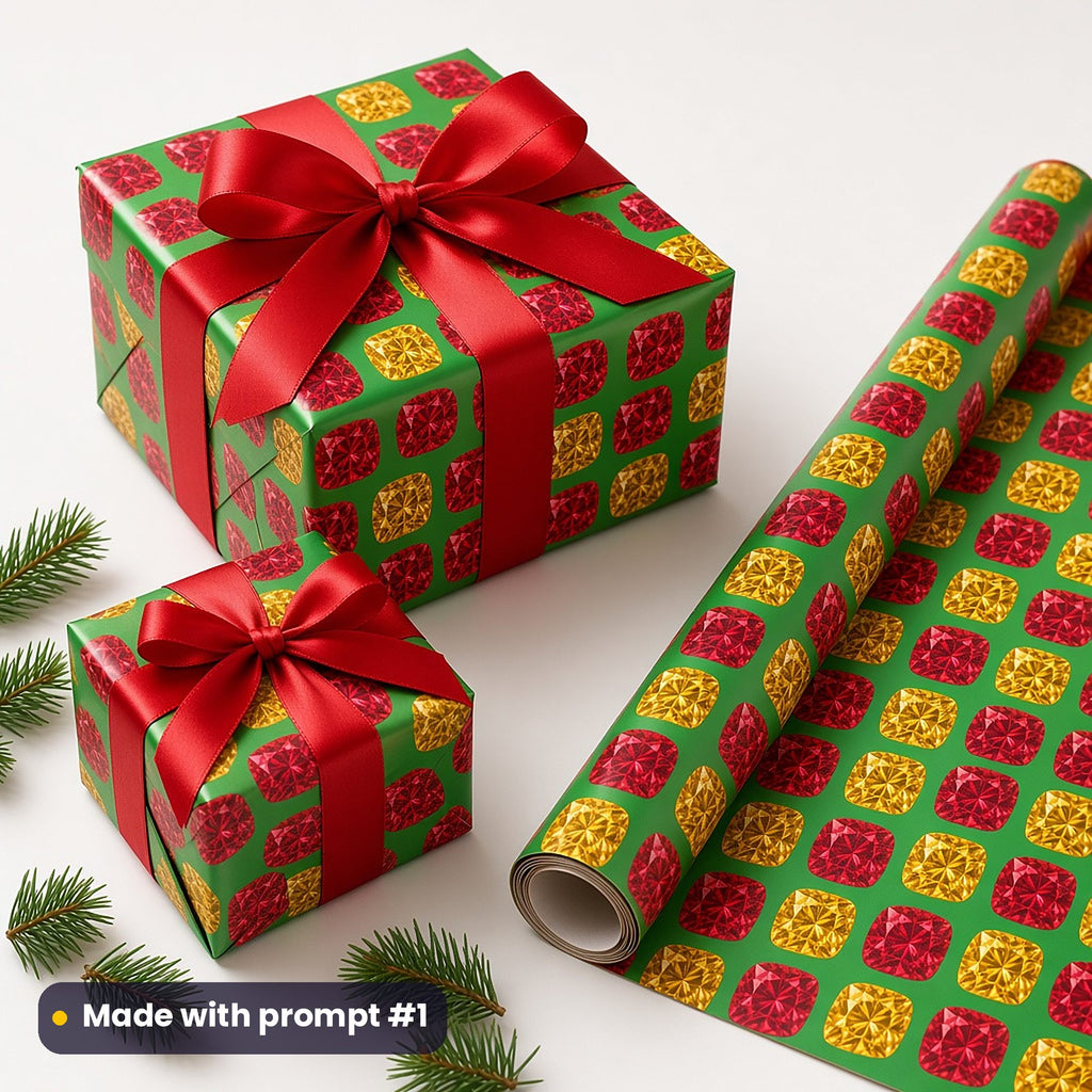 Presents and a roll of green gift wrap printed with ruby and gold cut gems, tied with red satin ribbons, made with prompt #1