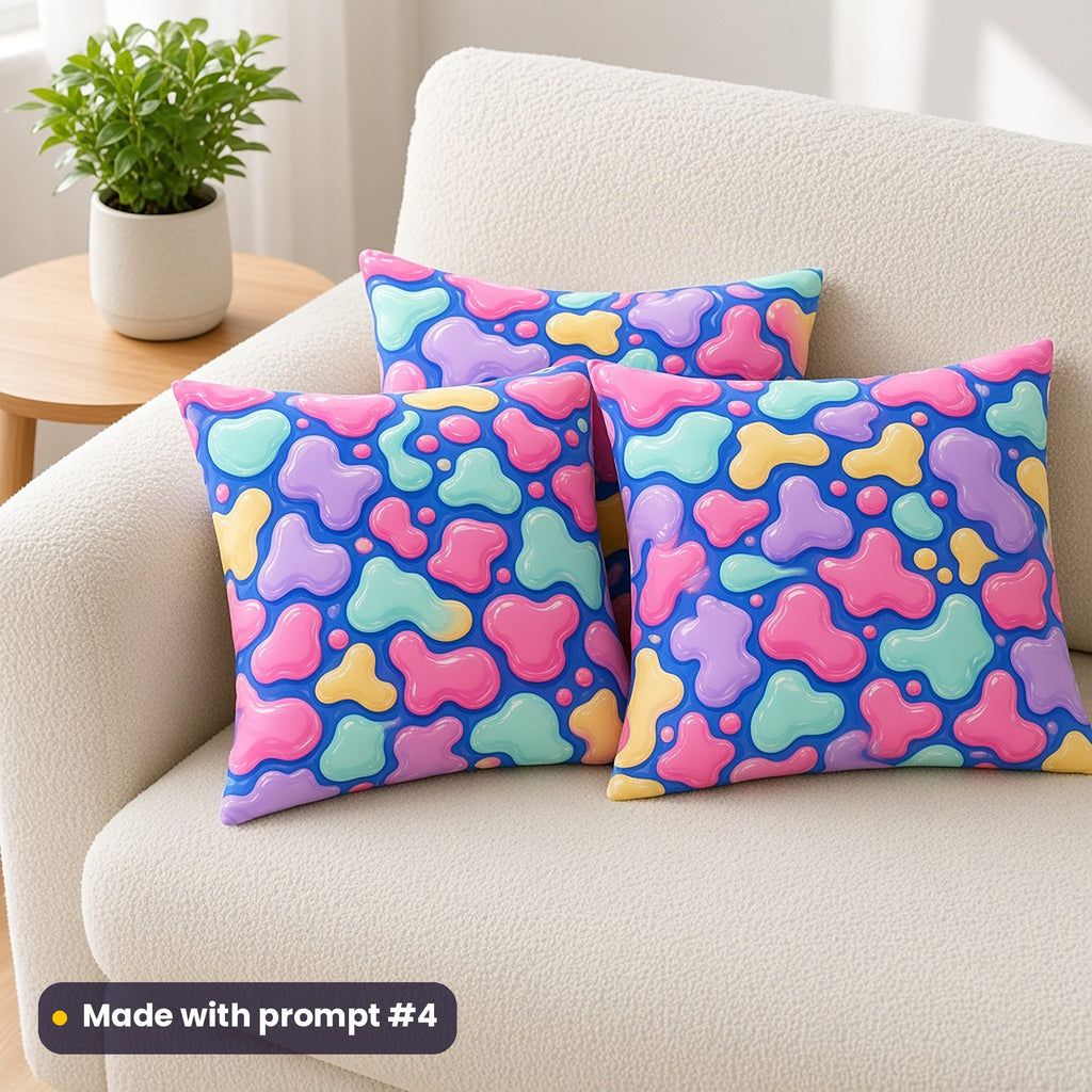Three cushions on a white sofa printed with glossy pastel pink, lilac, blue and mint lava blobs, made with prompt #4