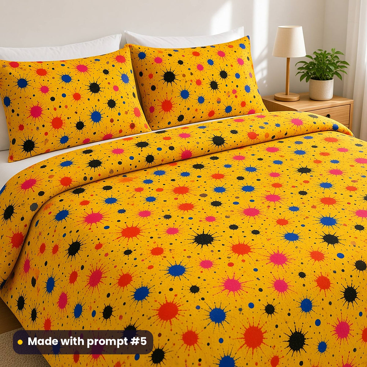 A bed dressed in a saffron yellow duvet cover printed with black, red, pink and blue ink splats, made with prompt #5