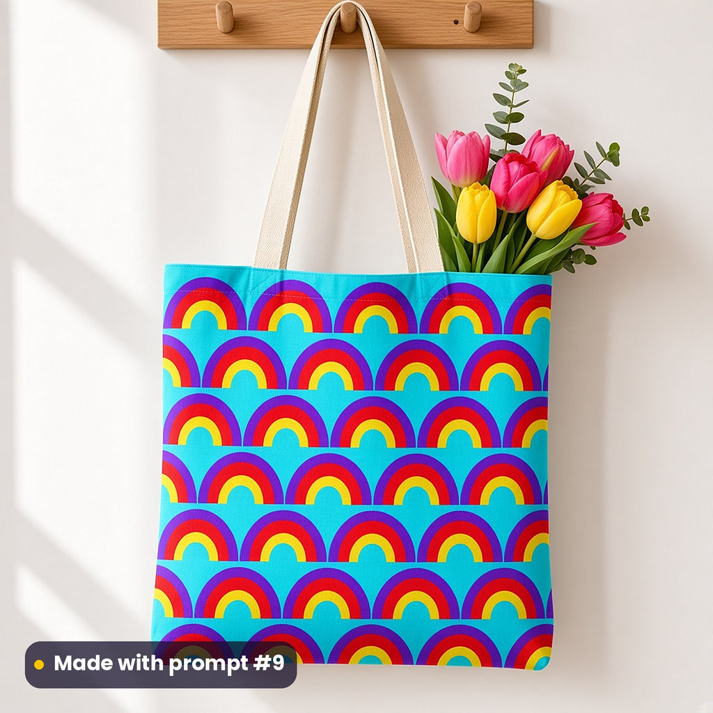 A tote bag on a peg rail printed with rainbow scallop arches on bright aqua, holding tulips, made with prompt #9
