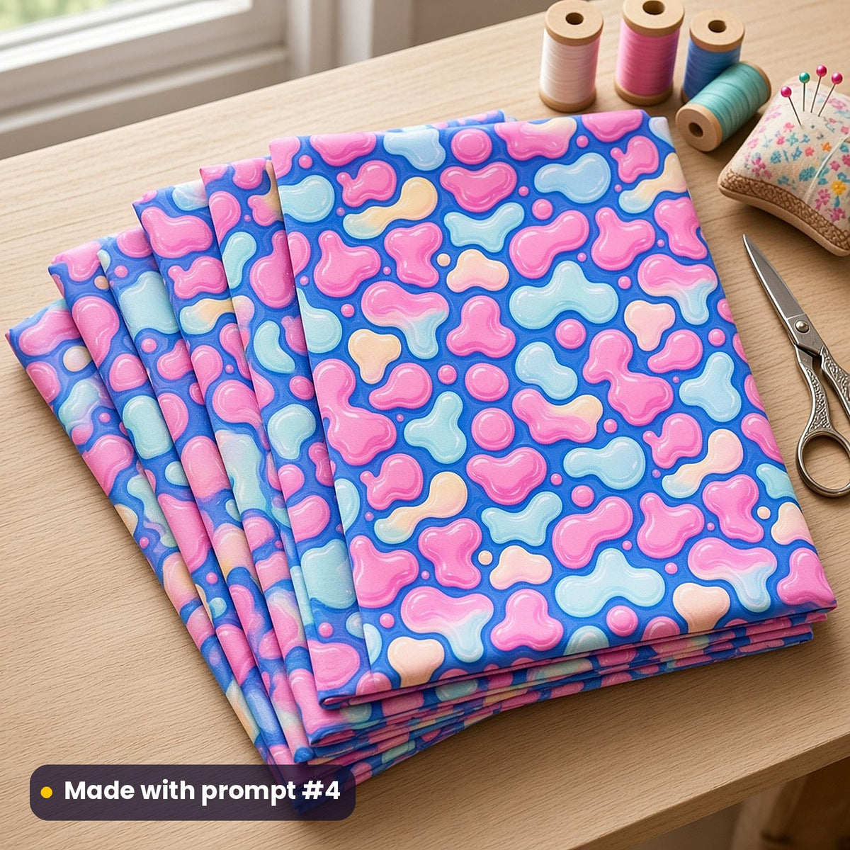 Folded quilting cotton printed with glossy pastel lava blobs, beside thread spools and scissors, made with prompt #4