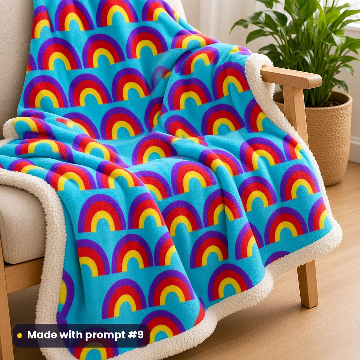 A sherpa blanket over a wooden armchair printed with rainbow scallop arches on bright aqua, made with prompt #9