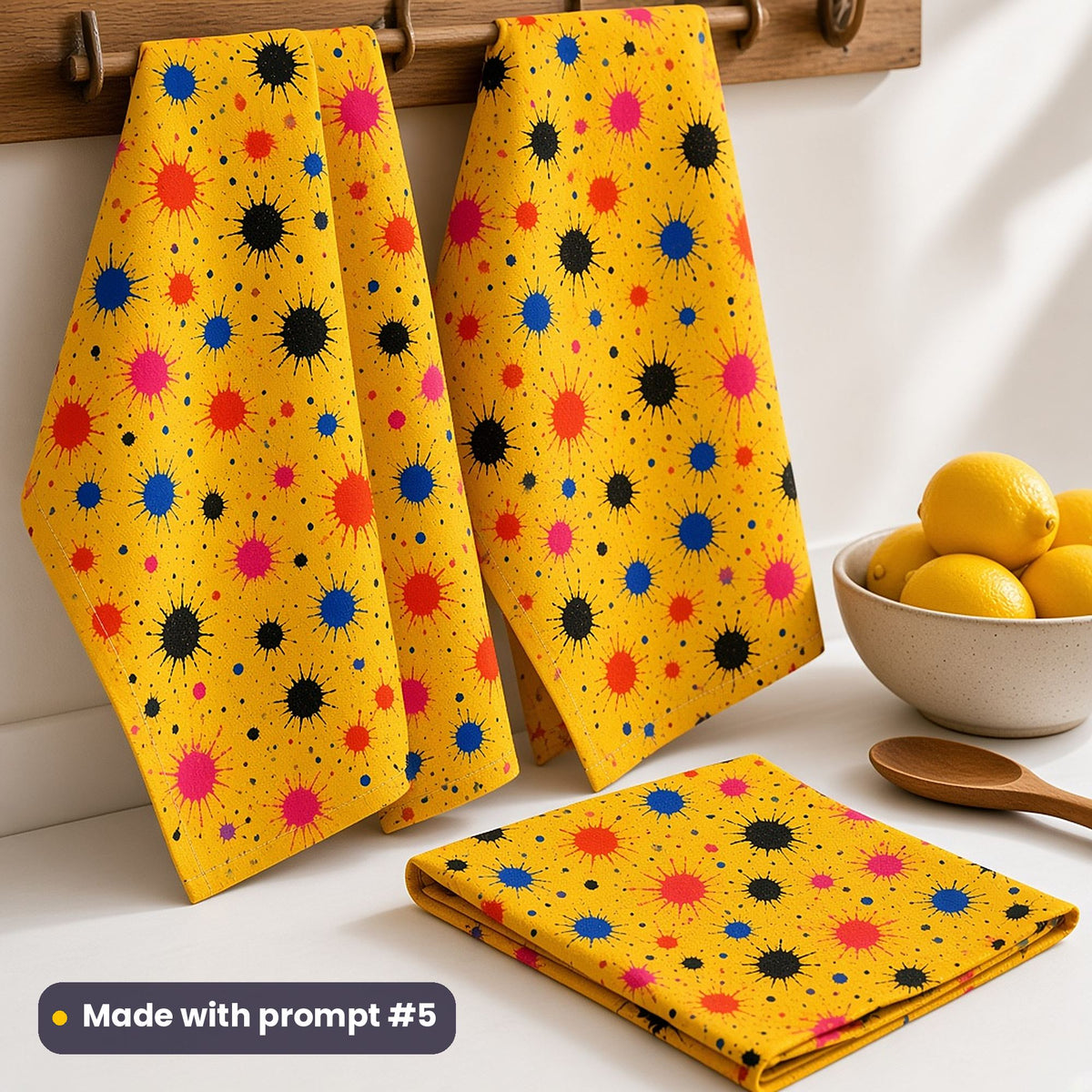 Tea towels printed with saffron yellow and colourful ink splats, beside a bowl of lemons, made with prompt #5