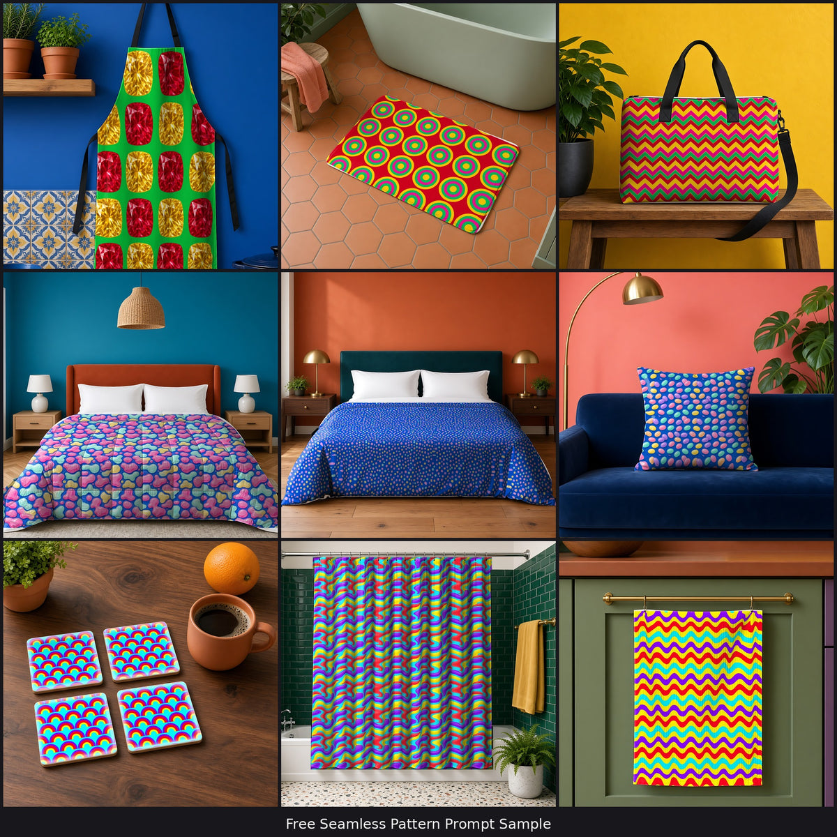 Variety collage of 9 patterns in different palettes on a apron, bath mat, tote bag, comforter, duvet cover, cushion, coaster, shower curtain and tea towel, example use of the Free Seamless Pattern Prompt Sample