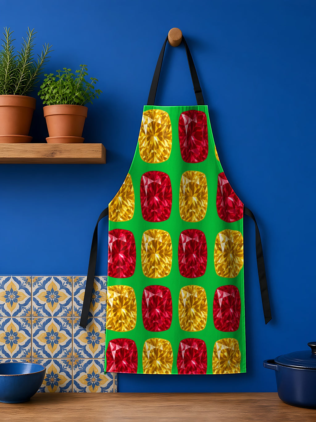 Giant Cut Gem Grid in Festive Jewel Brights palette on an apron, example use of the Free Seamless Pattern Prompt Sample