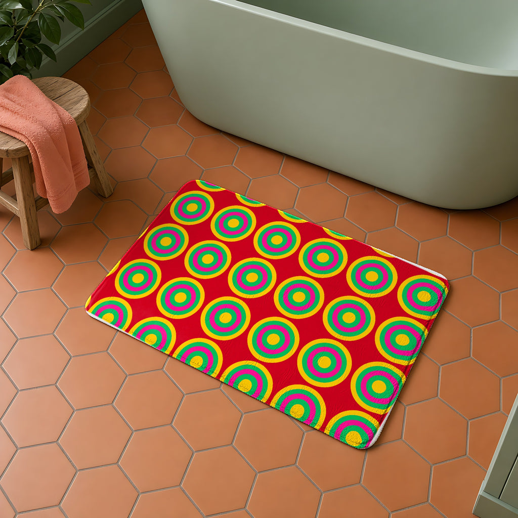 Mega Ring Grid in Festive Jewel Brights palette on a bath mat, example use of the Free Seamless Pattern Prompt Sample