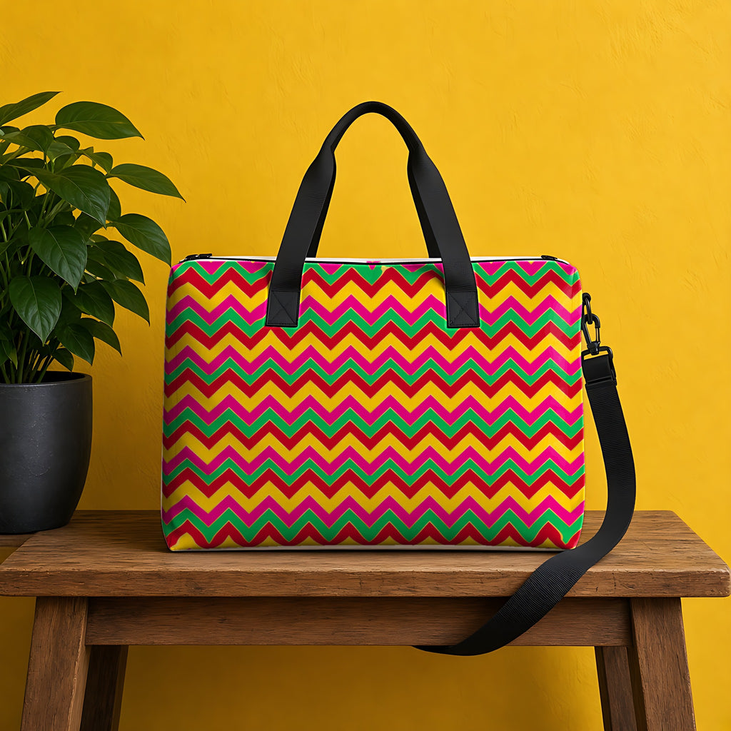 Jewel Chevron Bands in Festive Jewel Brights palette on a tote bag, example use of the Free Seamless Pattern Prompt Sample