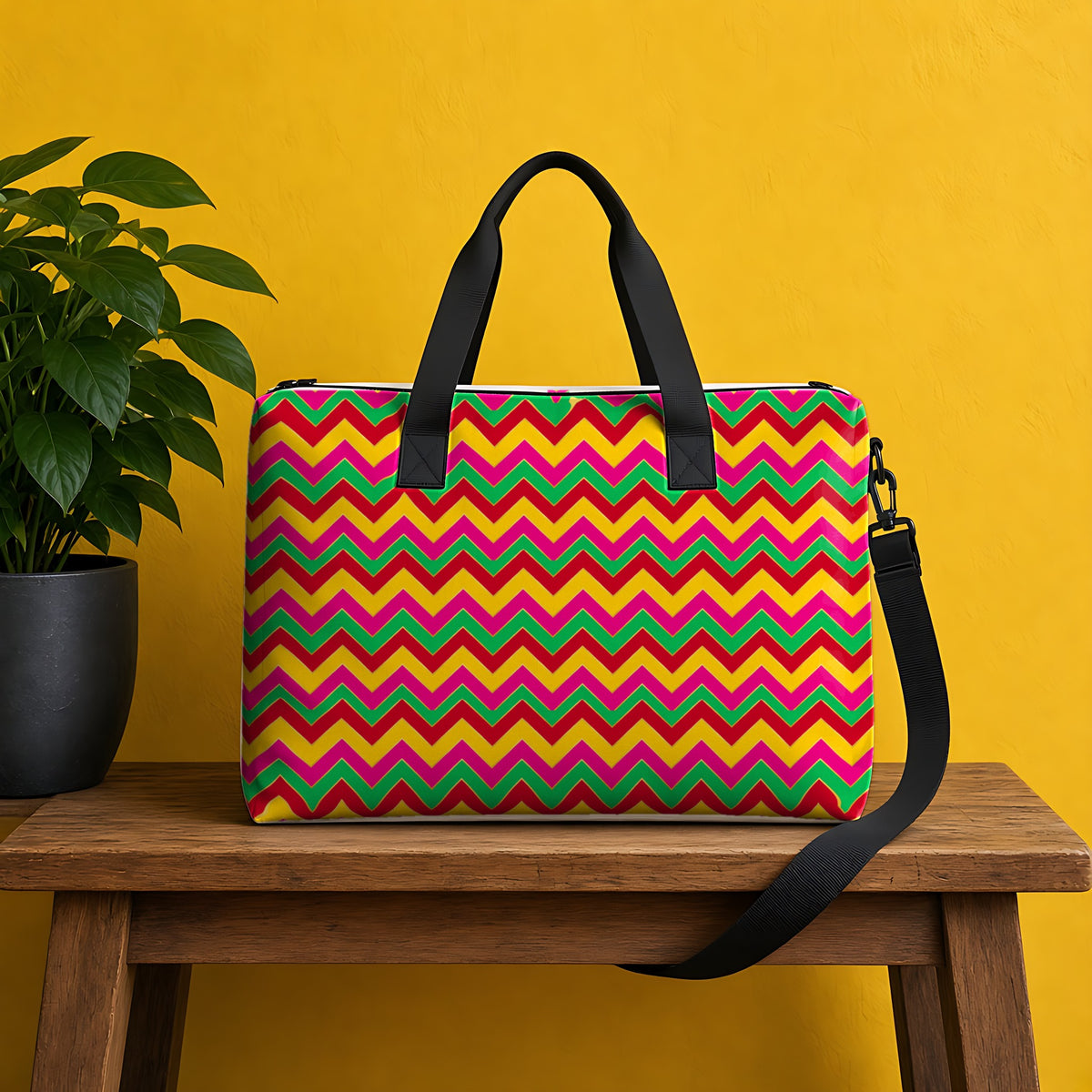 Jewel Chevron Bands in Festive Jewel Brights palette on a tote bag, example use of the Free Seamless Pattern Prompt Sample