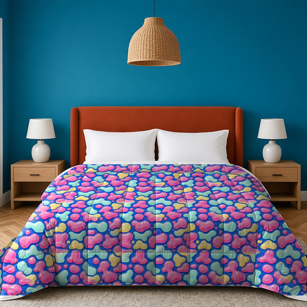 Pastel Lava Blobs in Candy Pastels palette on a comforter, example use of the Free Seamless Pattern Prompt Sample