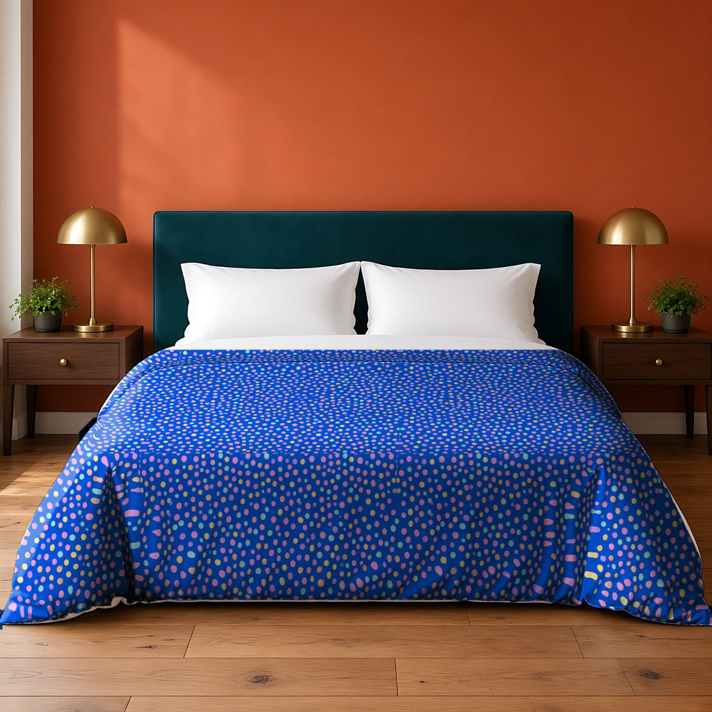 Sugar Confetti in Candy Pastels palette on a duvet cover, example use of the Free Seamless Pattern Prompt Sample