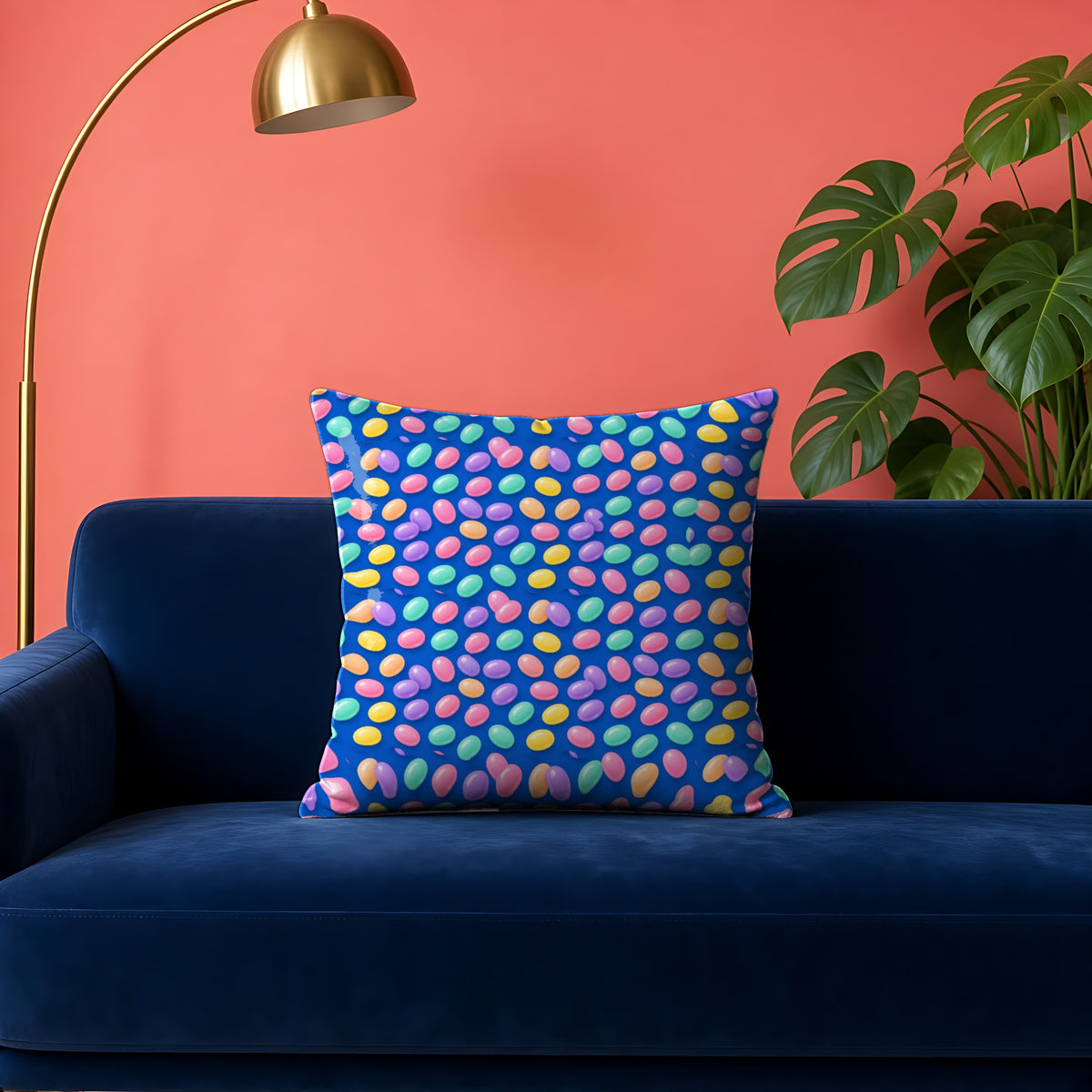 Jelly Bean Scatter in Candy Pastels palette on a cushion, example use of the Free Seamless Pattern Prompt Sample