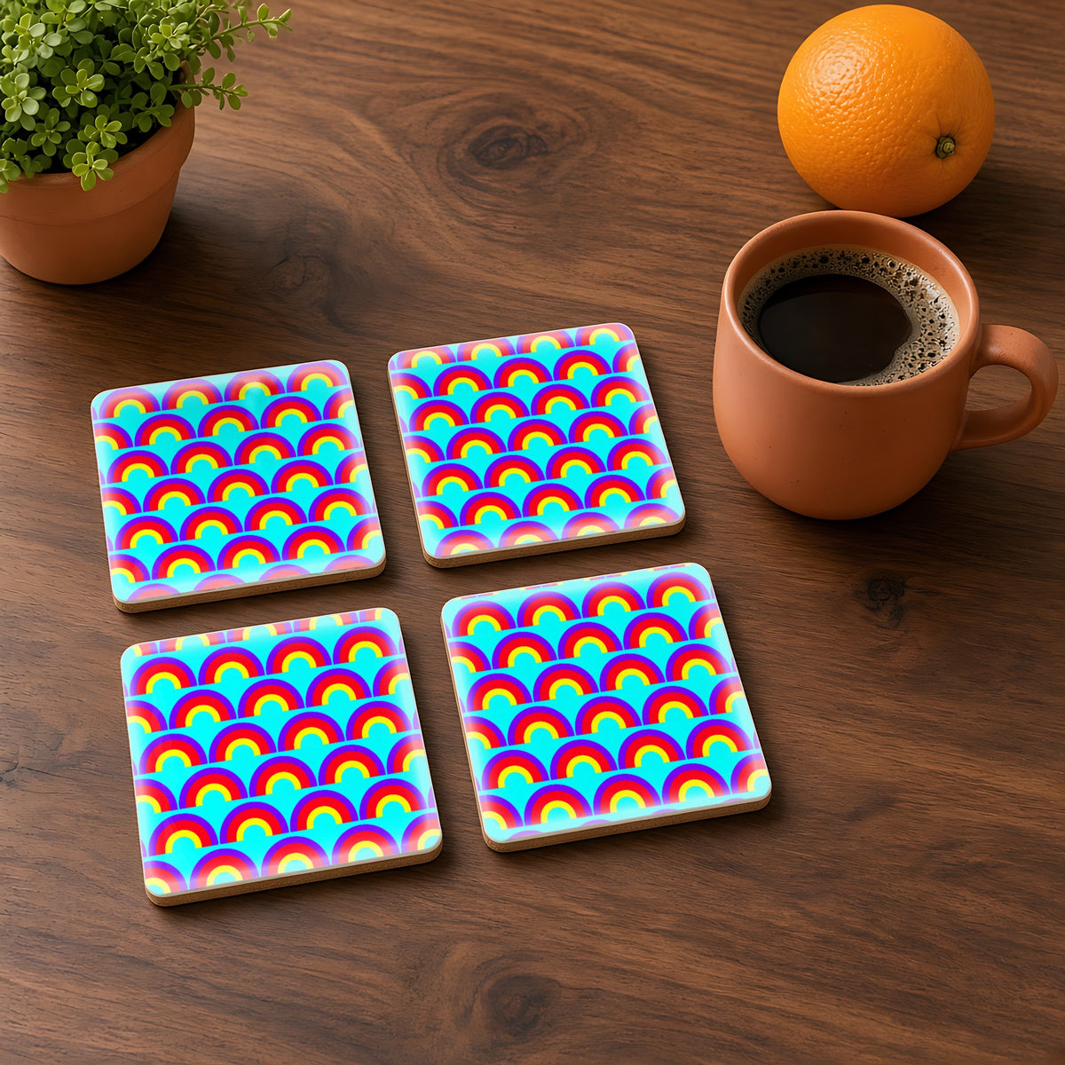 Chromatic Scallop Ripple in Chromatic Ripple palette on a coaster, example use of the Free Seamless Pattern Prompt Sample