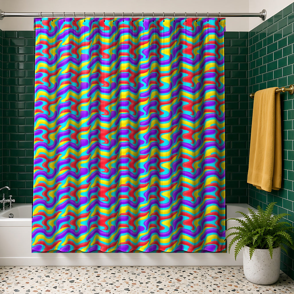 Liquid Band Ripple in Chromatic Ripple palette on a shower curtain, example use of the Free Seamless Pattern Prompt Sample