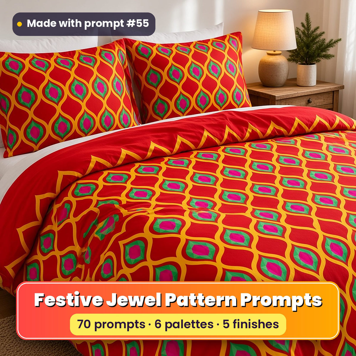 Festive Jewel Brights Seamless Pattern Prompt Pack title image: a double bed dressed in a red duvet cover and pillowcases printed with a gold ogee lattice holding emerald and pink jewels, made with prompt #55
